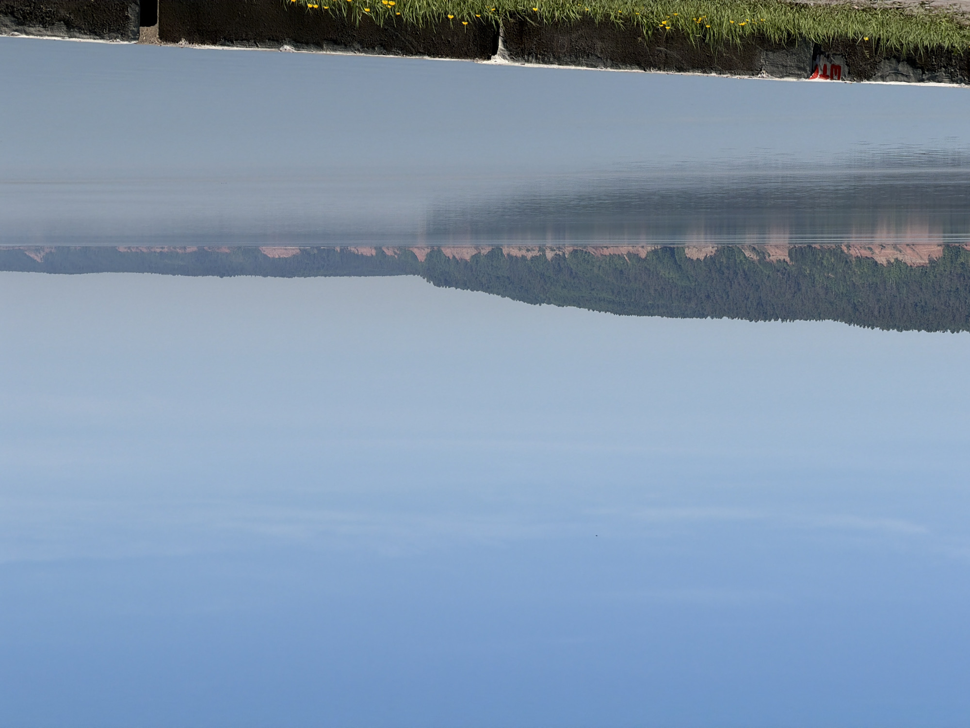The image shows the Kama River in Chaikovsky, Russia. The top of the frame shows a black embankment with grass and yellow flowers growing along the edge. Below this is the river with a slight haze and a reflection of a tree line and red cliffs. The bottom of the frame shows a clear blue sky with faint cloud formations.