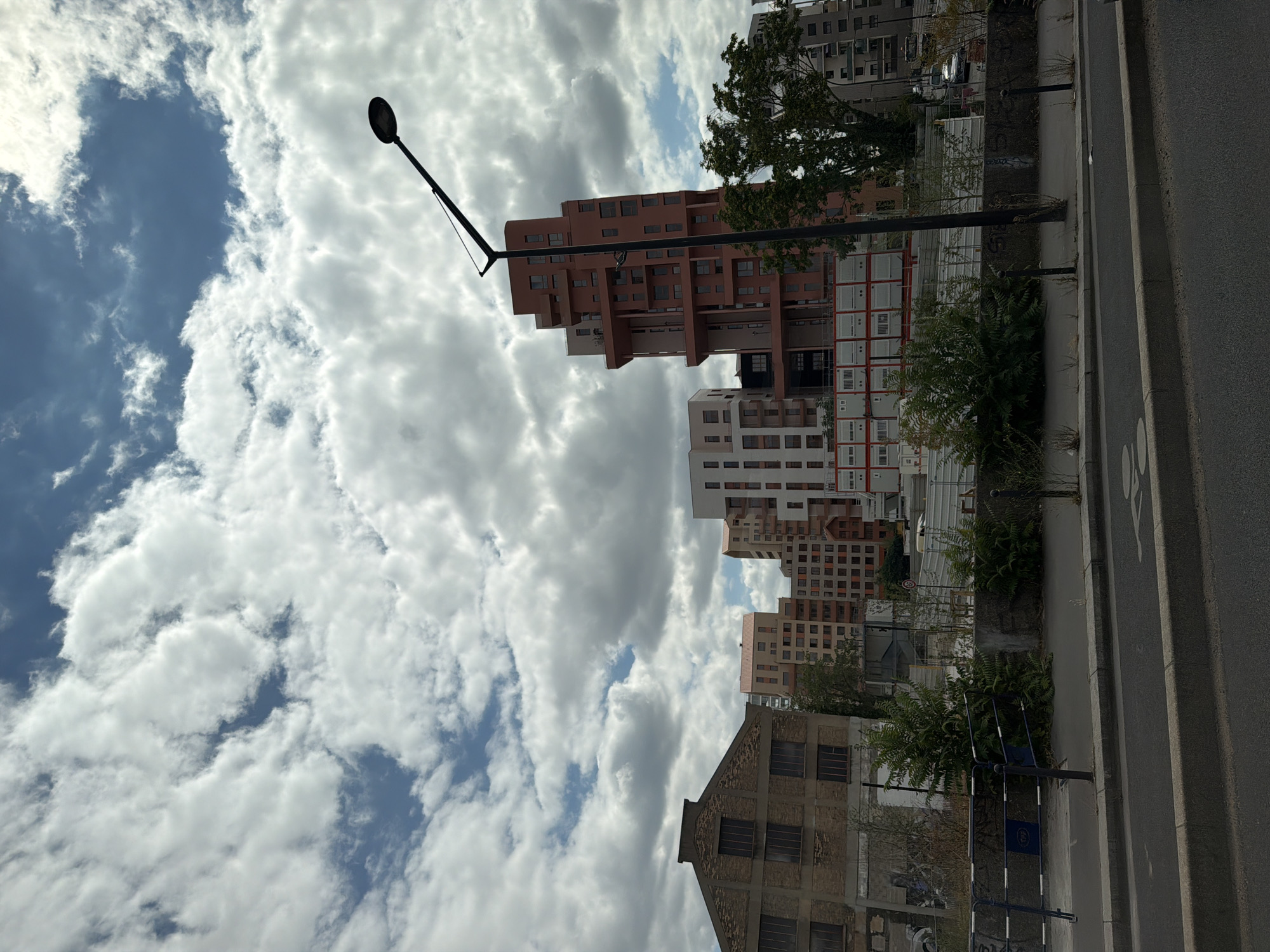 This is a vertical, medium-shot photograph taken outdoors. The scene features a street with modern buildings in the background and a cloudy sky.
The primary subjects are a series of multi-story buildings with a reddish-brown facade and numerous windows, arranged in a stepped pattern. To the left of these buildings, there is a tall, dark street lamp with a round light fixture. A lone tree with dark green foliage is visible to the right of the reddish-brown building. In the foreground, a portion of an older, weathered building with visible windows is present. The ground is paved, with a road running along the right side of the frame. There are some patches of green vegetation along the sidewalk.
The activity suggested is a view of an urban environment. No people are visible in the image.
Notable details include the cloudy sky, which suggests it is daytime, possibly late morning or afternoon. The architecture of the buildings indicates a modern urban setting. The presence of a street lamp and a paved road points to a street scene. There is no discernible text in the image. The orientation of the photograph is vertical, which gives a sense of height to the buildings and the sky. The crops provided show details of the sky, buildings, and street features, confirming the overall scene.