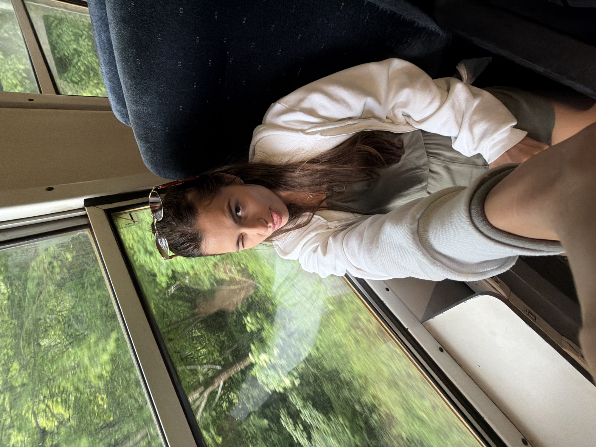A young woman is seated inside what appears to be a train or bus, looking directly at the camera with a playful expression. Her head is tilted slightly, and she has a subtle smirk with one eye winking or squinting. She has long, dark brown hair and is wearing a white hooded top or jacket over an olive green garment. A pair of sunglasses is perched on top of her head.
She is positioned next to a large window, through which a vibrant, blurred green landscape of trees and foliage is visible, indicating the vehicle is in motion during the daytime. The interior features dark blue, textured seats, partially seen behind her and to her left. The window frame is light-colored. Her pose and attire suggest a casual and relaxed setting. No discernible text is visible in the image.