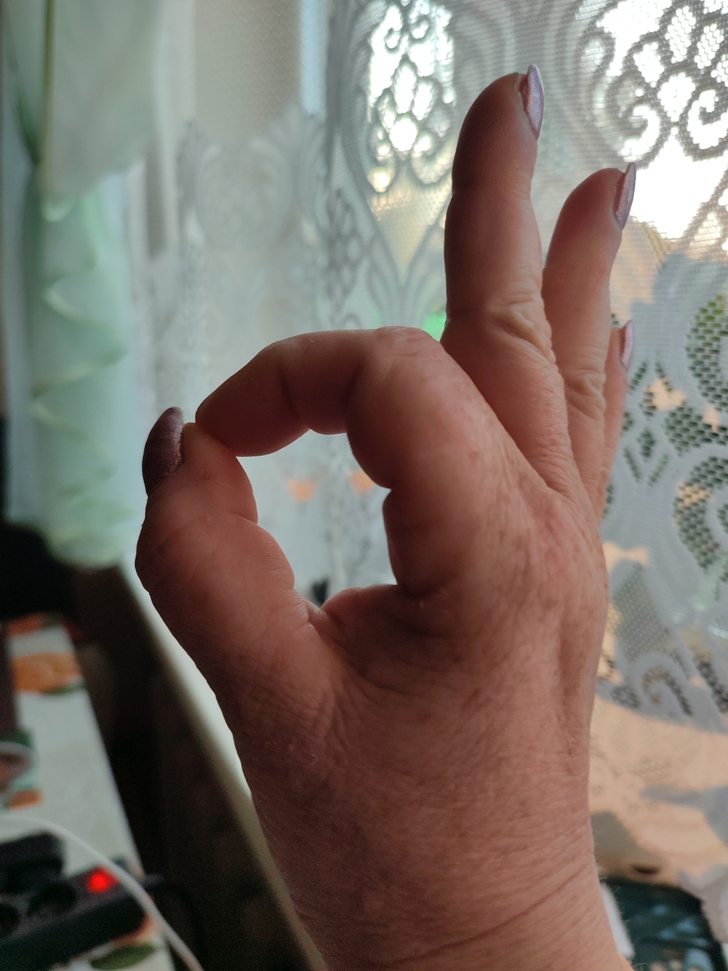 A close-up shot focuses on a person's right hand, making an "OK" gesture with their thumb and index finger. The backdrop is out of focus but appears to be a window with sheer curtains, suggesting an indoor setting. The lighting indicates it might be daytime, with sunlight filtering through the curtains. There are no discernible landmarks or features that would allow for specific location identification within Narowlya, Belarus. The image solely captures a hand in a common gesture against a blurred domestic background.