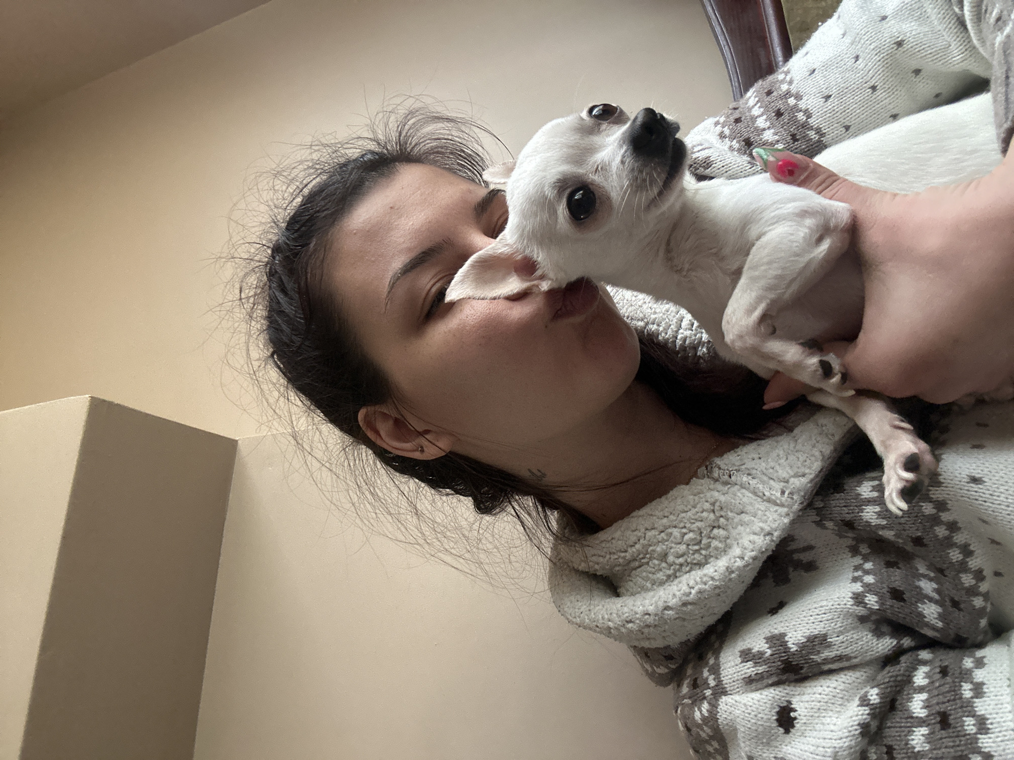 A woman with dark hair is holding a white Chihuahua dog. The woman is wearing a white and gray patterned sweater and is kissing the dog, whose ear is covering her lips. Her nails are manicured, with one visible nail painted with a green and red floral design. The location is an indoor setting. It is impossible to determine if the location is in Sliven, Bulgaria without additional information.