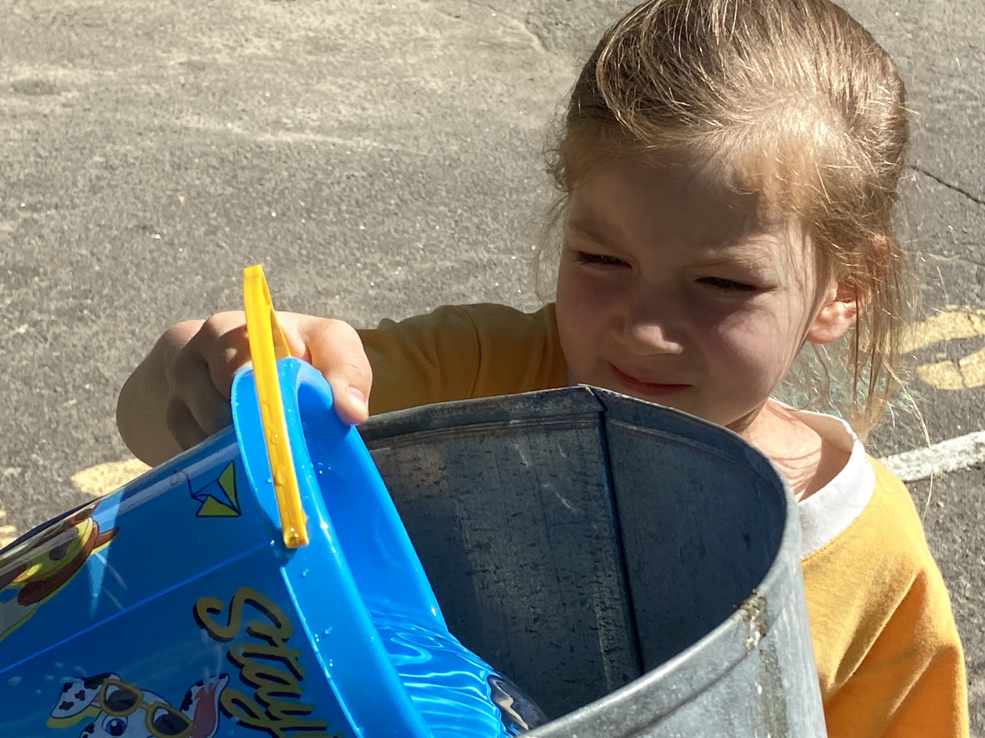 A young girl with blonde hair pulled back is pouring water from a blue plastic bucket into a large metal trash can. She is wearing a yellow t-shirt with a white collar. The girl is looking down at the bucket and the trash can with concentration. The sun is shining, casting shadows on the asphalt ground, suggesting it is daytime. The setting appears to be outdoors, possibly a backyard or play area, given the presence of the trash can and the asphalt surface. The water in the bucket shows ripples, indicating it is being poured. The blue bucket has colorful cartoon characters and the word "Stay" printed on it, suggesting it is a toy bucket. The girl's expression is one of focus, and there are no other people visible in the image.