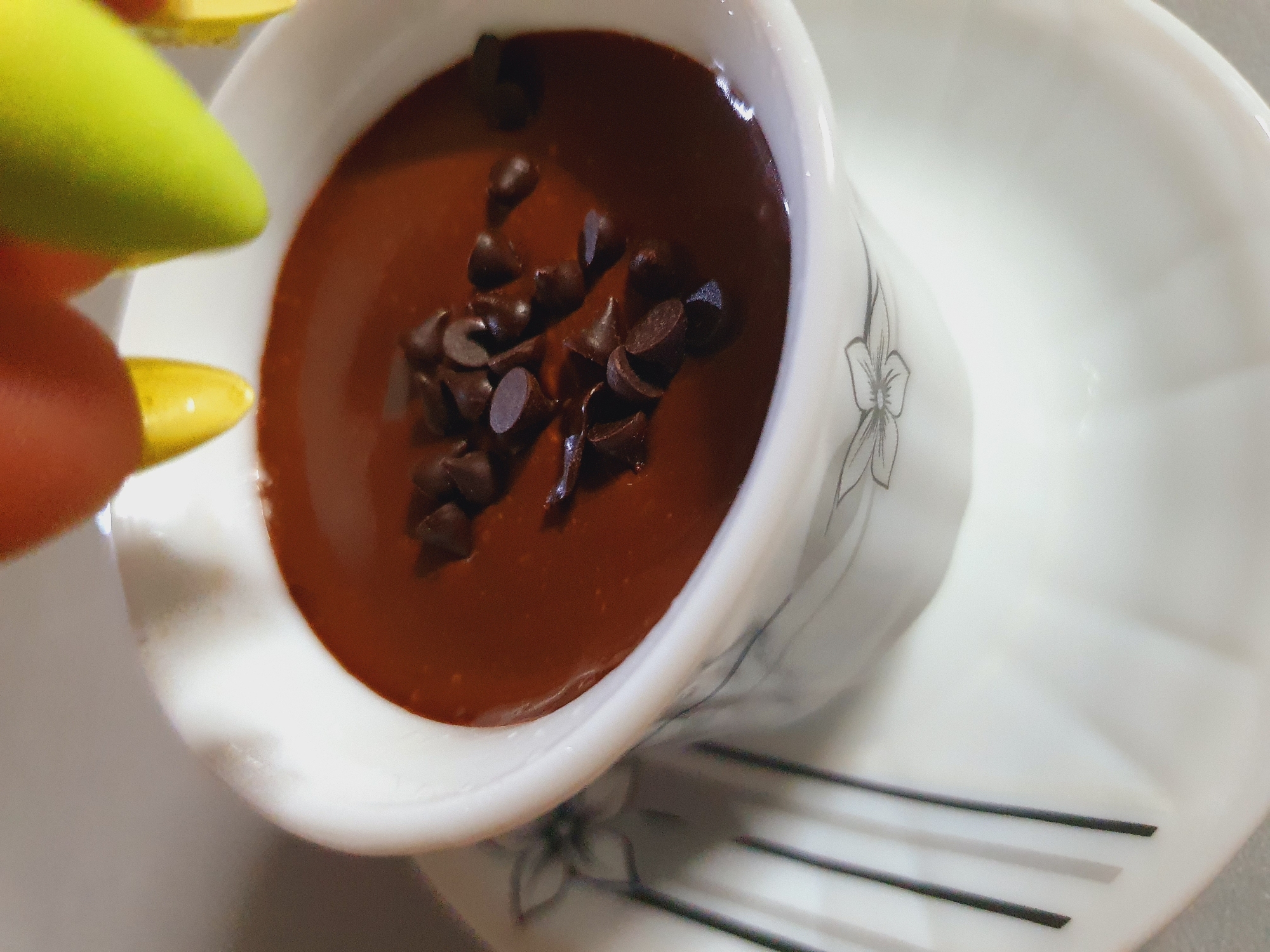 A close-up shot captures a white ceramic cup filled with rich, dark chocolate pudding, sprinkled with chocolate chips. The cup, adorned with a delicate floral pattern, rests on a matching saucer. The background is softly blurred, with hints of brightly colored objects, possibly fruit, hanging above the dessert. The overall scene is likely a still life, focusing on the appetizing presentation of the dessert, and does not provide any information about a specific location in Shiraz, Iran.