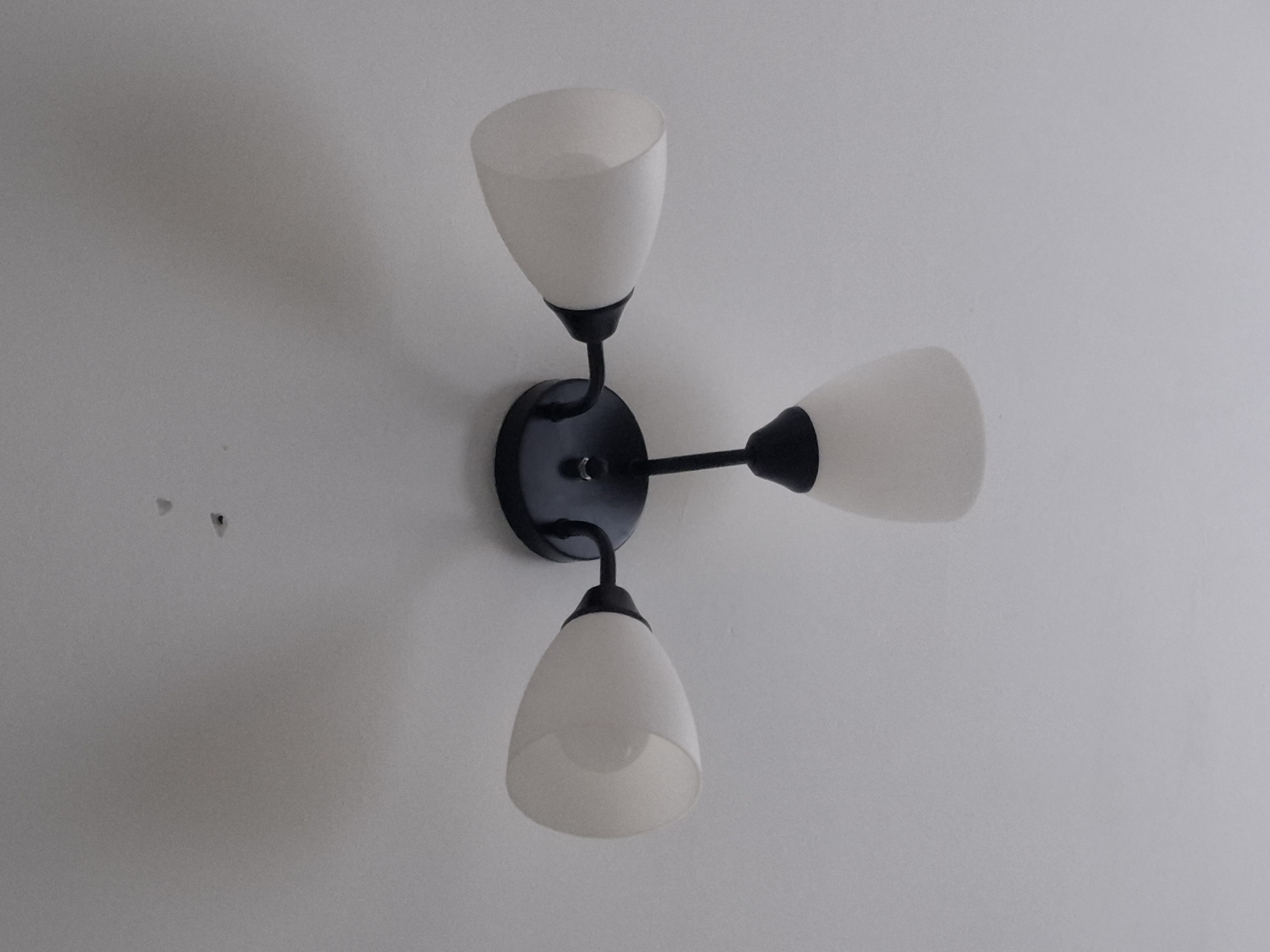 The image shows a black, multi-arm ceiling light fixture with three frosted glass shades. The light fixture is mounted on a white ceiling. There are two small, dark marks or holes on the ceiling above and slightly to the left of the light fixture. The image provides no information about the city of Homyel, Belarus.