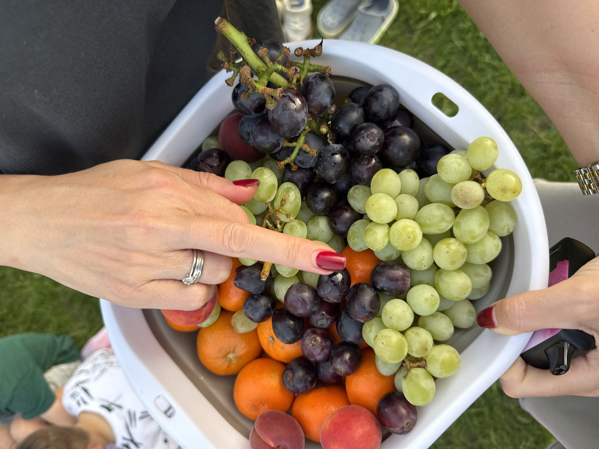 A person holds a white plastic tub filled with fruit. The fruit consists of black grapes, green grapes, oranges, and peaches. One hand with red nail polish is pointing towards the fruit. Another hand with a gold and silver wristwatch is holding the tub. The background includes grass and parts of other people. The location is Кузнецово, Russia.
