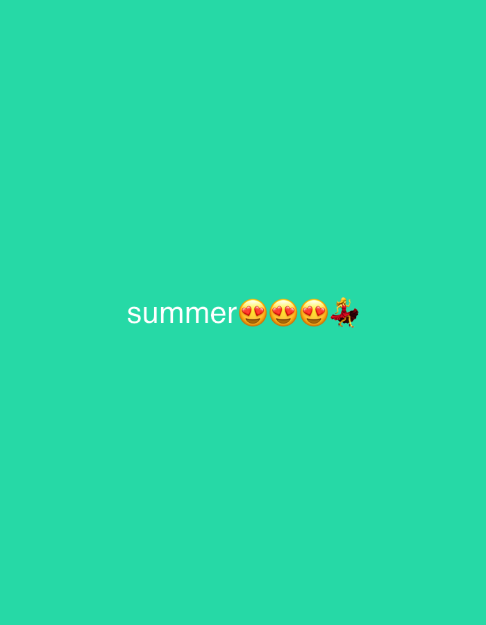 The image has a solid turquoise background. In the center of the image, the word "summer" is written in white. Following the word "summer" are three emojis of faces with heart eyes. To the right of the emojis is an emoji of a woman dancing in a red dress. There is no indication of location or environment in the image.