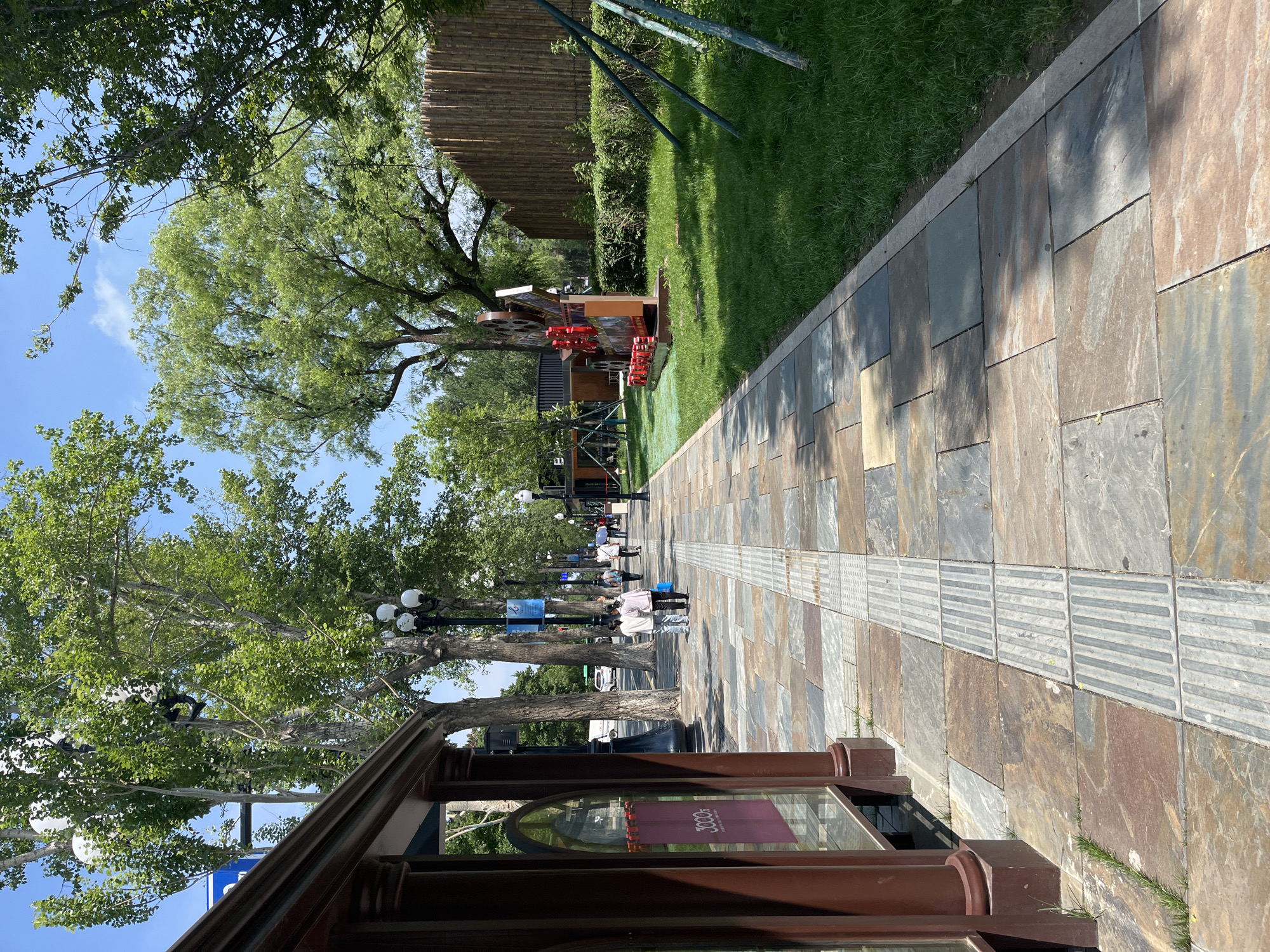 This is an eye-level, medium shot taken on a sunny day, looking down a paved sidewalk lined with trees and grassy areas in Changchun City, China. The sidewalk is made of large, irregularly shaped stone tiles in various shades of brown, gray, and rust. A tactile paving strip runs alongside the curb.
On the left side of the sidewalk is a covered bus stop with dark brown wooden pillars and a dark red roof. A pink sign with white Chinese characters and the number "3000" is visible inside the bus stop. Beyond the bus stop, trees with dense green foliage line the street.
On the right side of the sidewalk, a neatly manicured green lawn extends to a bamboo-like fence. A decorative sculpture resembling a film reel with red lettering is positioned on the lawn. Several people are walking along the sidewalk in the distance, some holding umbrellas. Streetlights with multiple globes are spaced along the sidewalk. The sky is blue with a few wispy clouds. The overall scene suggests a public park or a tree-lined avenue in an urban setting.