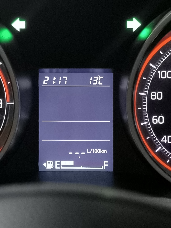 The image displays a close-up of a car's instrument cluster, providing information about the vehicle's status and environment. The central digital screen shows the current time as 2:17 and the outside temperature as 13°C. Below this, lines indicate further display areas, which are currently blank, followed by a fuel efficiency reading showing "--- L/100km," suggesting the car is stationary or not actively calculating fuel consumption.
At the bottom of the digital display, a fuel gauge is visible, indicating a very low fuel level, positioned heavily towards the "E" (Empty) side, with only one small segment illuminated. A fuel pump icon with an arrow pointing left confirms the fuel filler cap is on the vehicle's left side.
On either side of the central display, parts of circular gauges are visible. On the right, a speedometer or tachometer with a red outer ring shows numbers like 40, 60, 80, and 100. A similar gauge section is visible on the left, displaying the number 3. Both the left and right turn signal indicators, depicted as bright green arrows, are illuminated, which typically signifies that the hazard lights are active.
The scene appears to be inside a vehicle, likely at night or in a dark setting, given the illuminated dashboard. The location context is Drapetsona, Greece. The car's ignition seems to be on, possibly while it is parked.