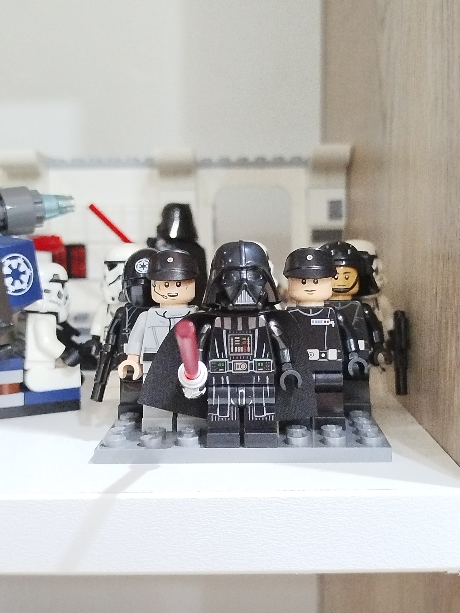 The image depicts a collection of Lego figurines, primarily from the Star Wars franchise, arranged on a white shelf. The figurines are in focus, with the background showing a blurred representation of shelving and possibly a wall. A prominent figure is Darth Vader, recognizable by his black helmet and cape, holding a red lightsaber. Beside him are several other Lego characters, including what appear to be Imperial officers and stormtroopers, distinguished by their uniform colors and helmets. The overall setting is a domestic display of toys. There is no discernible connection to the city of Mirny, Russia, as no geographical markers or contextual information are present in the image.