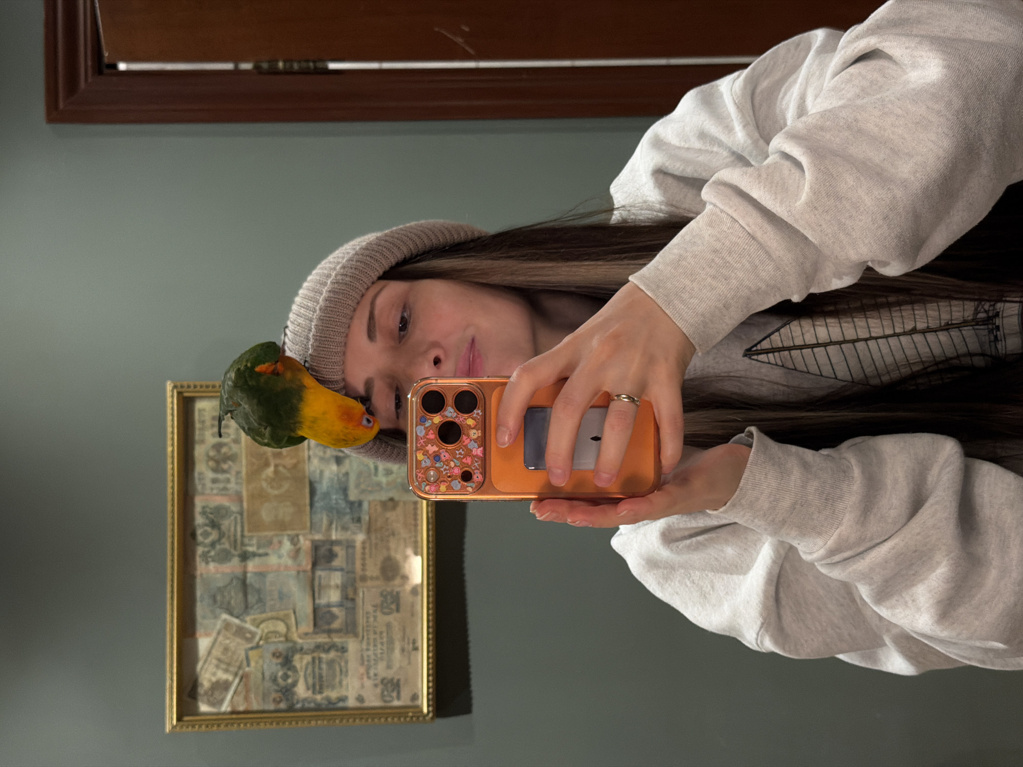 A woman is taking a selfie with a bird perched on her head, likely in an indoor setting. She is wearing a light grey beanie, a matching sweatshirt, and a ring on her left ring finger. The phone is in a bronze-colored case, decorated with cartoon figures. A framed piece of artwork with several historical documents is behind her. The background includes a grey wall and a dark brown window trim. There is no evidence in the image that indicates this photo was taken in Khimki, Russia.