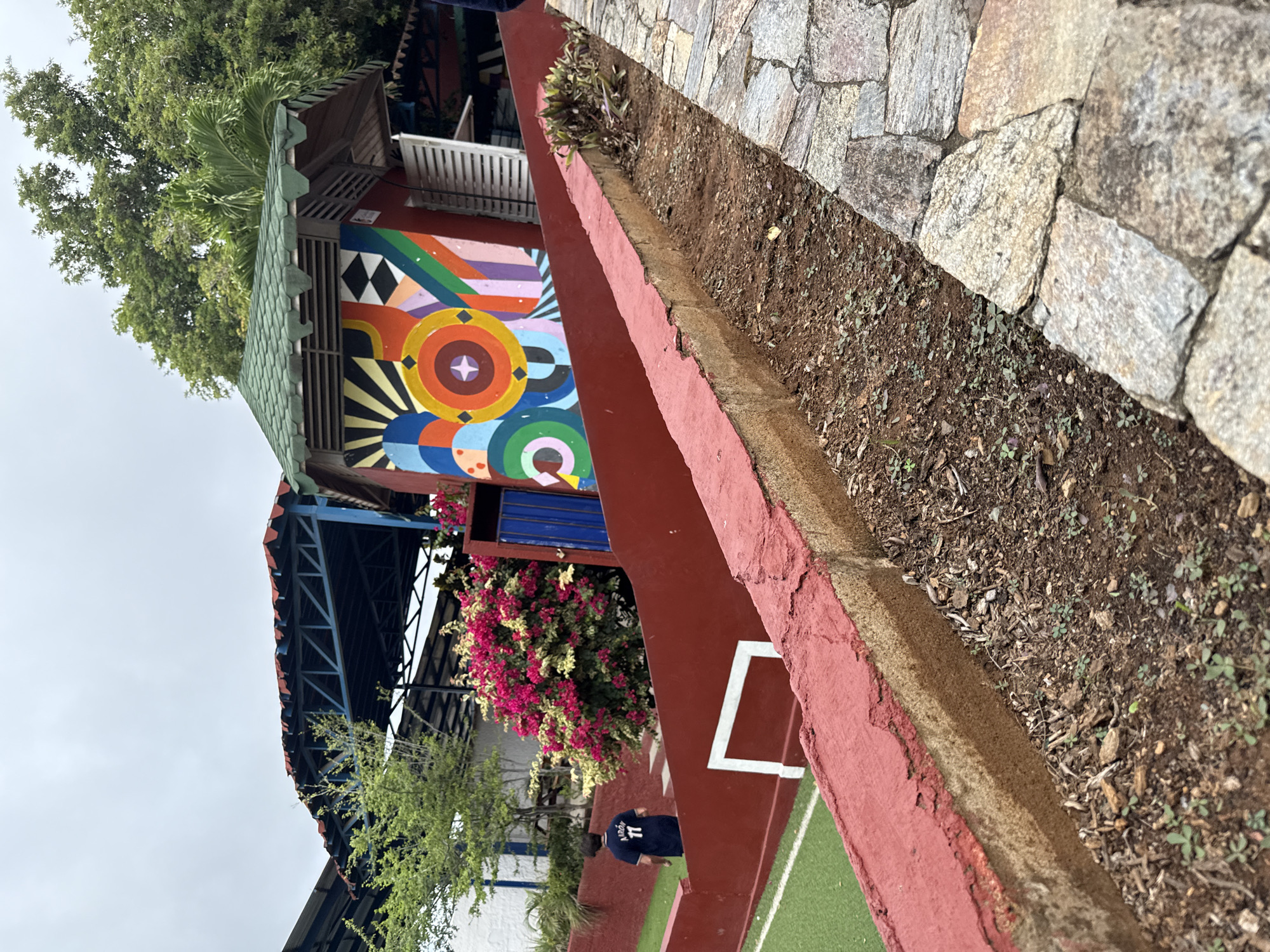 In Los Chacos, Venezuela, a young boy wearing a dark blue shirt with the number 71 and the name "Aaron" on the back walks away from the camera on a green turf surface. He is positioned near a vibrant red retaining wall that borders the turf. Behind the wall, a bush with bright pink and white flowers is visible. To the right of the flowers, a small building is adorned with a colorful, abstract mural featuring geometric shapes and radiating lines. The building has a green roof and white slatted shutters. The ground in the foreground is covered with dark soil and small green plants. A pathway made of irregularly shaped grey stones runs along the right side of the image. Above the mural building and the bush, lush green trees are seen against a cloudy sky. In the background, a structure with a red roof and a blue metal frame is partially visible.