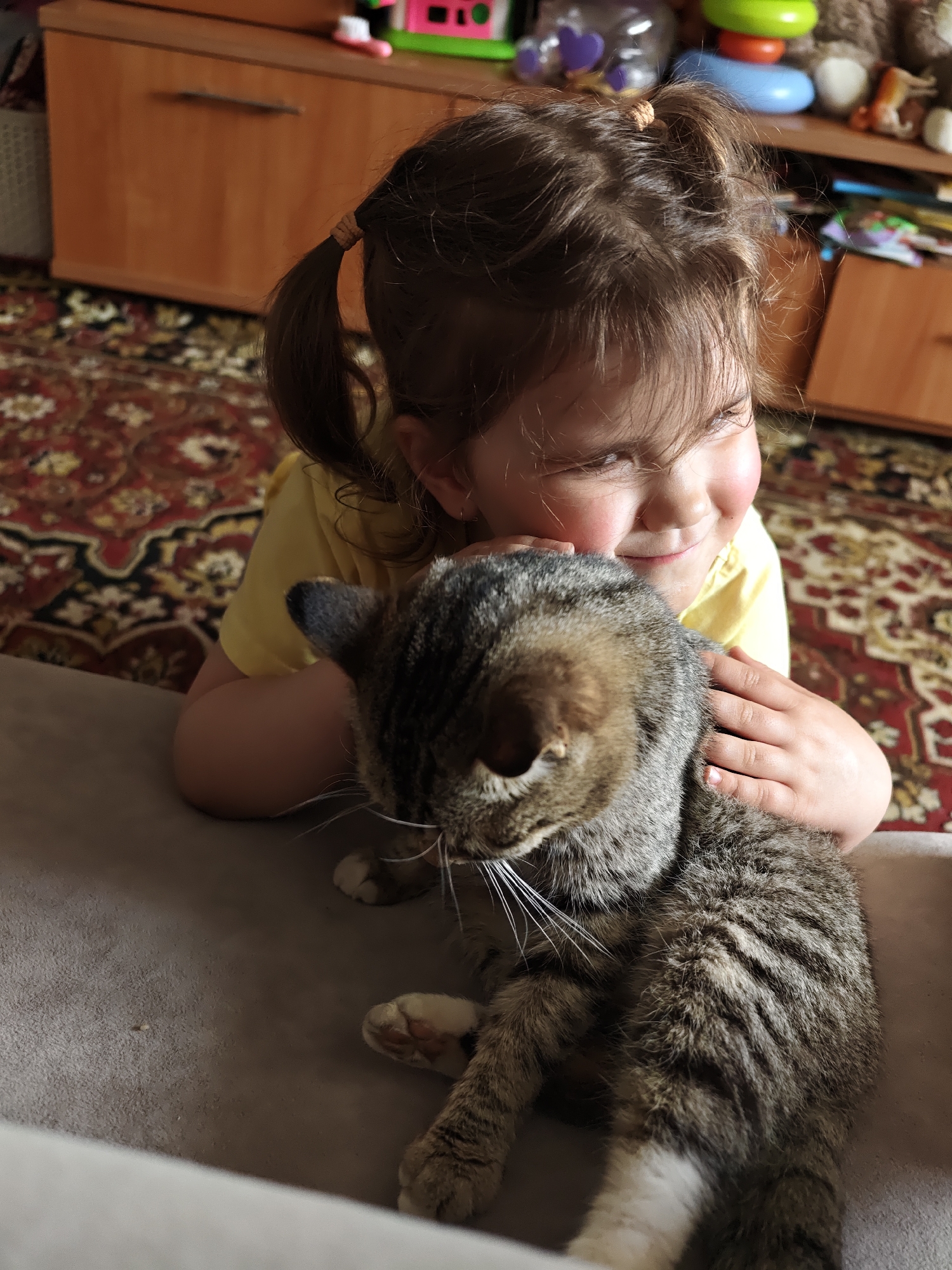 The image captures an intimate indoor scene in Уральское, Russia, showing a young child affectionately interacting with a tabby cat. A young girl, with dark brown hair styled in two pigtails secured by light brown elastic bands, wears a bright yellow short-sleeved top. She is leaning over a light grey sofa, embracing the cat with both hands gently placed on its back and neck. Her face, seen in profile, shows a tender smile and squinted eyes, conveying a strong sense of happiness and affection towards the animal.
The tabby cat, primarily grey and brown striped with white fur on its paws and muzzle, is positioned facing away from the camera, looking downwards. It appears calm and comfortable in the child's embrace.
The background reveals a domestic setting with a wooden cabinet or dresser visible, on which various toys, including a colorful green and blue stacking toy, are placed. The floor is covered by a richly patterned rug in shades of red, black, and cream/gold, adding a traditional touch to the room. The scene is well-lit by natural light, indicating it is daytime. There is no visible text in the image.