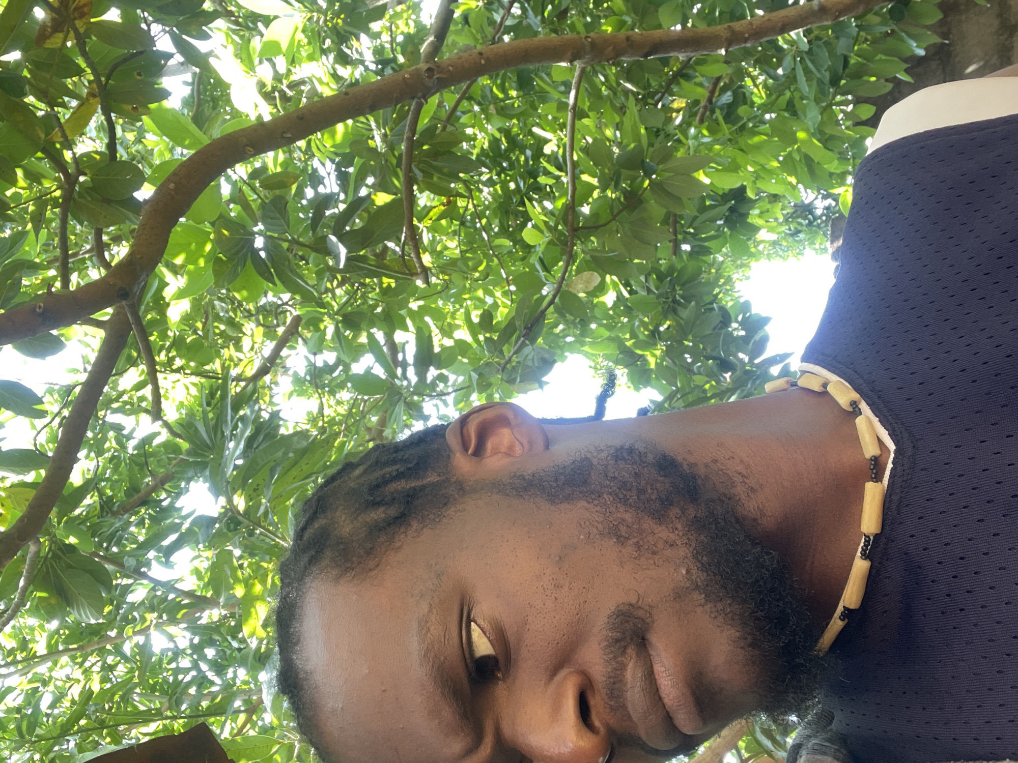 A close-up shot of a Black man's face, angled to the left, with his eyebrows furrowed in a stern expression. He has dreadlocks and a short beard. He is wearing a dark blue mesh tank top with a white trim and a beaded necklace made of light-colored wooden cylinders and black beads. The background is filled with lush green foliage and tree branches, with sunlight filtering through the leaves. The photo appears to have been taken outdoors, possibly in a garden or natural setting. There is no indication of the location being the city of Jos, Nigeria.