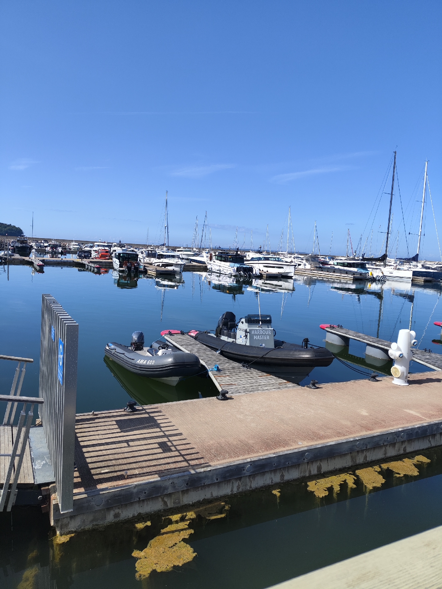 The image displays a marina scene captured on a clear, sunny day at Pirita Harbour in Tallinn, Estonia.
In the foreground, a reddish-brown concrete floating dock extends across the lower portion of the frame. On the left side of this dock, a gray metal railing with multiple vertical slats ascends from a wooden ramp; a blue and white sign, partially obscured, is affixed to the metal structure. Shadows of these vertical slats are cast horizontally onto the concrete surface of the dock. Near the right edge of the foreground dock, a white fire hydrant-like fixture with a yellow base stands upright. The water immediately below and adjacent to the concrete dock contains visible patches of yellow-green algae and sediment.
Moored to a wooden finger dock, perpendicular to the main concrete dock, are two rigid inflatable boats (RIBs), both unoccupied. The RIB on the left is gray, with "AMA 600" written in white on its side, and is equipped with a black outboard motor. The RIB on the right is black, prominently displaying "HARBOUR MASTER" in white lettering on its hull, and also features a black outboard motor.
The midground and background are densely populated with numerous other vessels, primarily white recreational motor yachts of various sizes and sailboats with tall masts. These boats are neatly moored within the marina. The calm, deep blue water perfectly reflects the boats, their masts, the surrounding docks, and the overhead sky, creating distinct mirrored images.
The sky above is a uniform, bright, and clear blue, with only a few faint, wispy contrails visible at high altitude. To the far left in the background, a low, tree-covered landmass is discernible. No individuals are present or engaged in any activity within the observed scene.