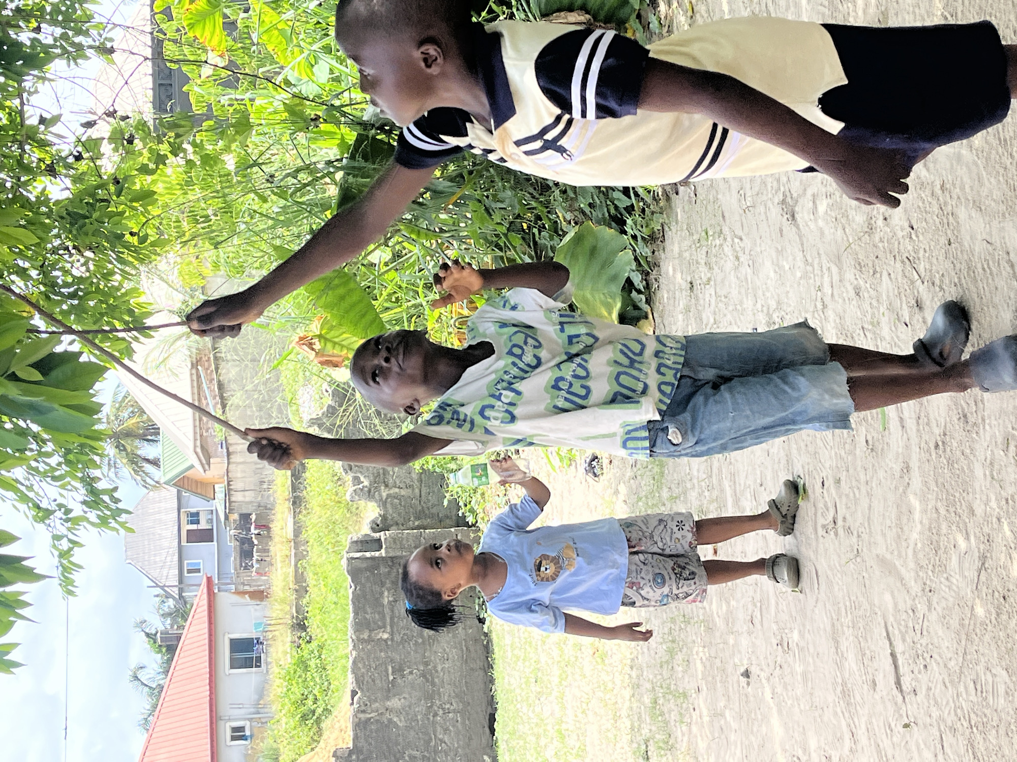Three children stand outside in Iranla, Nigeria. A child with a black and yellow shirt and black pants stands near some trees and holds out their arm. A second child with a white and green shirt and denim shorts holds a stick and looks up at the trees. A third child with a blue shirt and patterned shorts stands in the foreground. Behind the children is a gray wall, trees, grass, and houses.