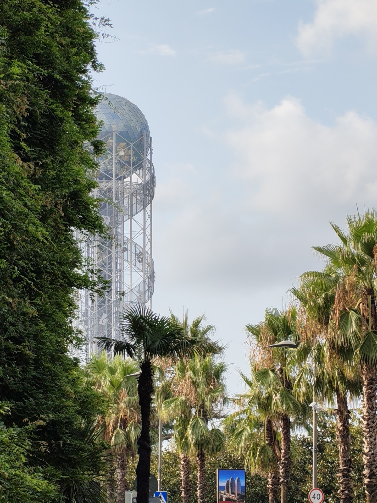 This image shows the Alphabet Tower in Batumi, Georgia, a city on the Black Sea coast. The tower, a prominent landmark, is visible behind a dense arrangement of green trees and palm trees. The tower itself is a slender structure with a distinctive helical design, topped with a spherical observation deck made of glass and metal. The sky above is partly cloudy with a light blue hue. In the foreground, a variety of palm trees with fronds of varying shades of green and brown are prominent, suggesting a warm climate. One palm tree in the center is darker, with a thicker trunk. A street light is visible among the palm trees, and to the right, a circular speed limit sign indicating "40" is partially visible, suggesting a road is nearby. A blue sign with an image of buildings is also visible on the right side of the frame. The overall scene depicts a daytime view of an urban environment with significant natural elements.