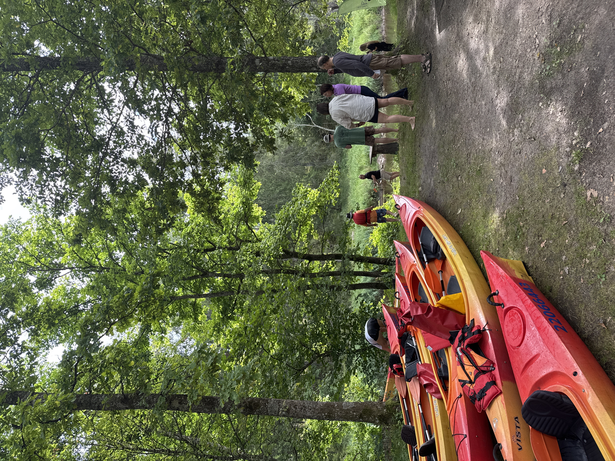 The image depicts an outdoor scene near a body of water, possibly a river or lake, with a dense forest bordering the area. In the foreground, several kayaks are neatly arranged on the grassy ground. Some are bright red, while others are a combination of red and yellow. Life vests and paddles are visible within and on top of some kayaks. In the background, a group of people, appearing to be adults, are gathered. Some are standing and conversing, while others seem to be preparing for or engaged in an activity near the water's edge. One person is bent over near the kayaks. The environment is lush and green, with tall trees providing ample shade. The overall atmosphere suggests a recreational outing focused on water activities. The image is taken from a slightly elevated perspective, looking down on the kayaks and then up towards the group of people and the forested landscape.