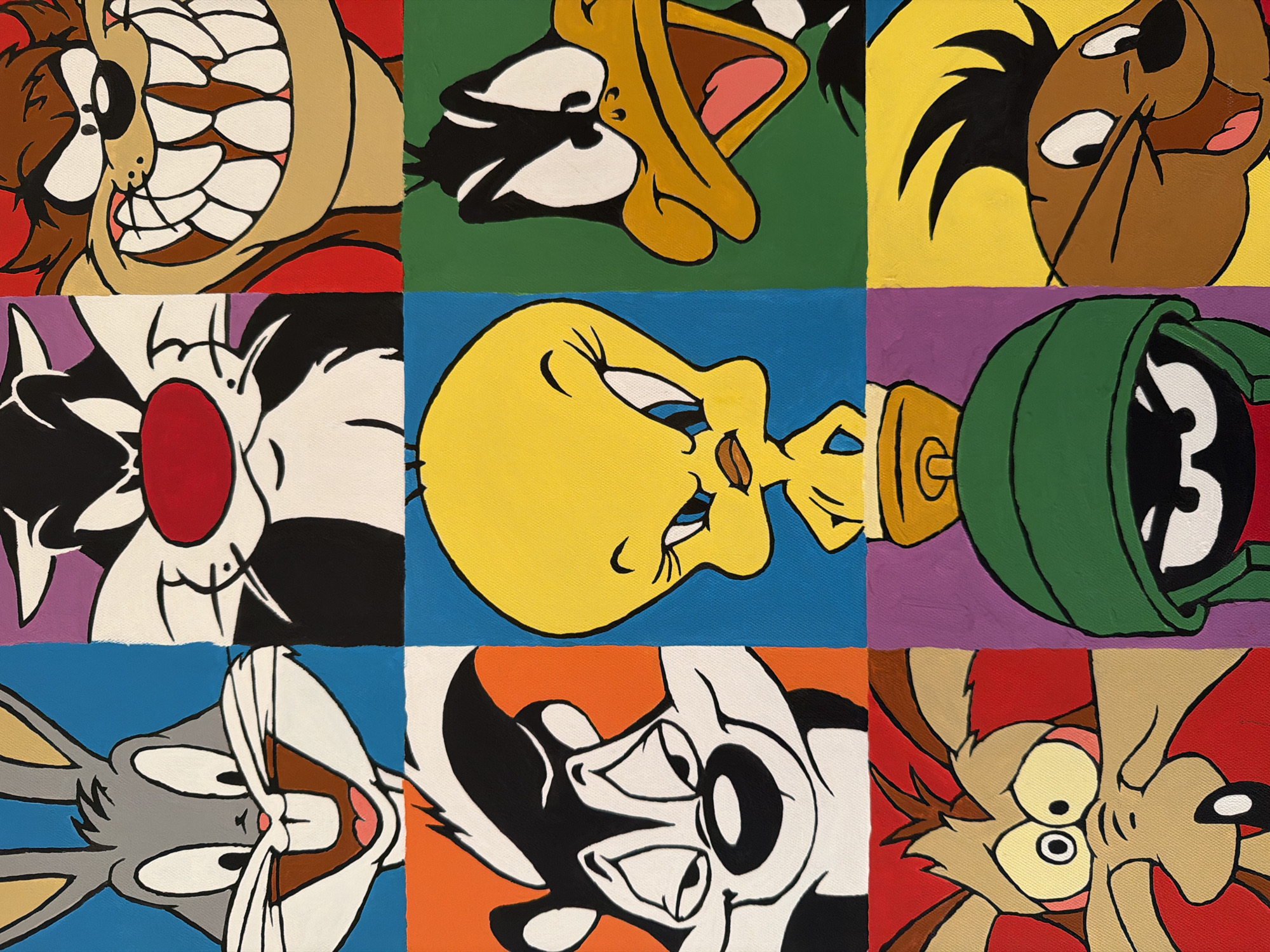 The image is a painting featuring a grid of nine squares, each containing a close-up portrait of a Looney Tunes character. From top left to bottom right, the characters are Bugs Bunny, Sylvester the Cat, the Tasmanian Devil, Pepé Le Pew, Tweety Bird, Daffy Duck, Wile E. Coyote, Marvin the Martian, and Speedy Gonzales. Each character is set against a solid, brightly colored background. There is no discernible location in the city of Yekaterinburg, Russia.
