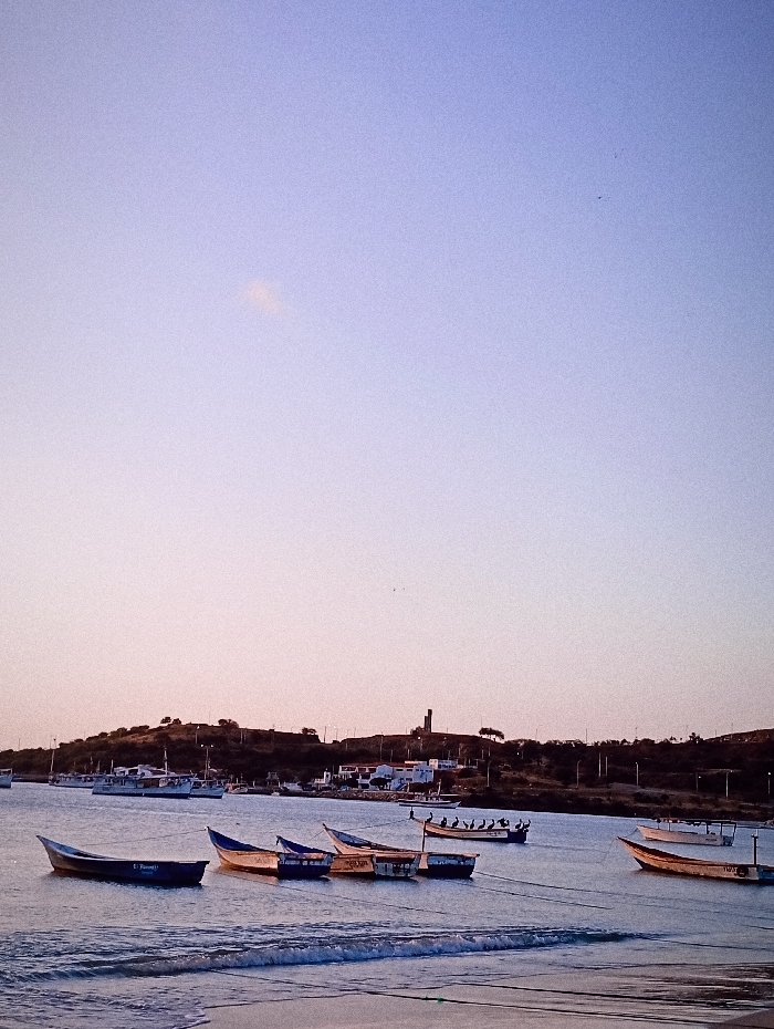 A scenic view of several small boats resting on calm waters. A shoreline, gently sloping down to meet the water, is visible in the foreground. A cluster of low-lying buildings and vegetation dots the distant landscape under a vast, serene sky. The overall color palette consists of soft, muted hues, creating a peaceful and calming atmosphere. A tower-like structure rises in the background, adding a touch of architectural interest to the natural scenery.