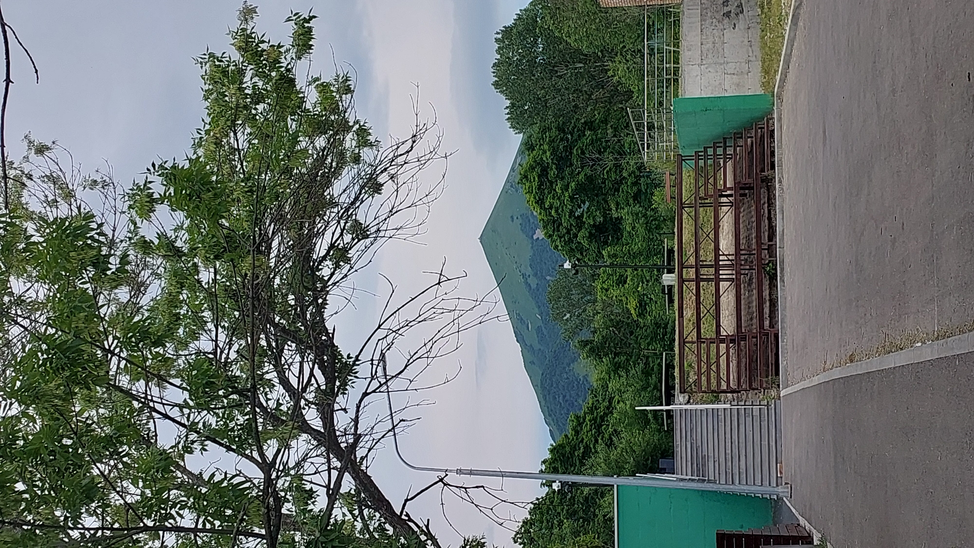 The image, captured in Lermontov, Russia, presents a scenic view dominated by Mount Mashuk in the background. In the foreground, a paved area leads towards a set of metal bleachers. To the left of the bleachers, a green-painted structure is visible, adjacent to a set of outdoor stairs. Overhanging the scene from the top left is a large tree with green foliage and bare branches. The sky above is overcast. The environment appears to be a public outdoor space, possibly a park or recreational area, with dense green trees surrounding the base of the mountain.