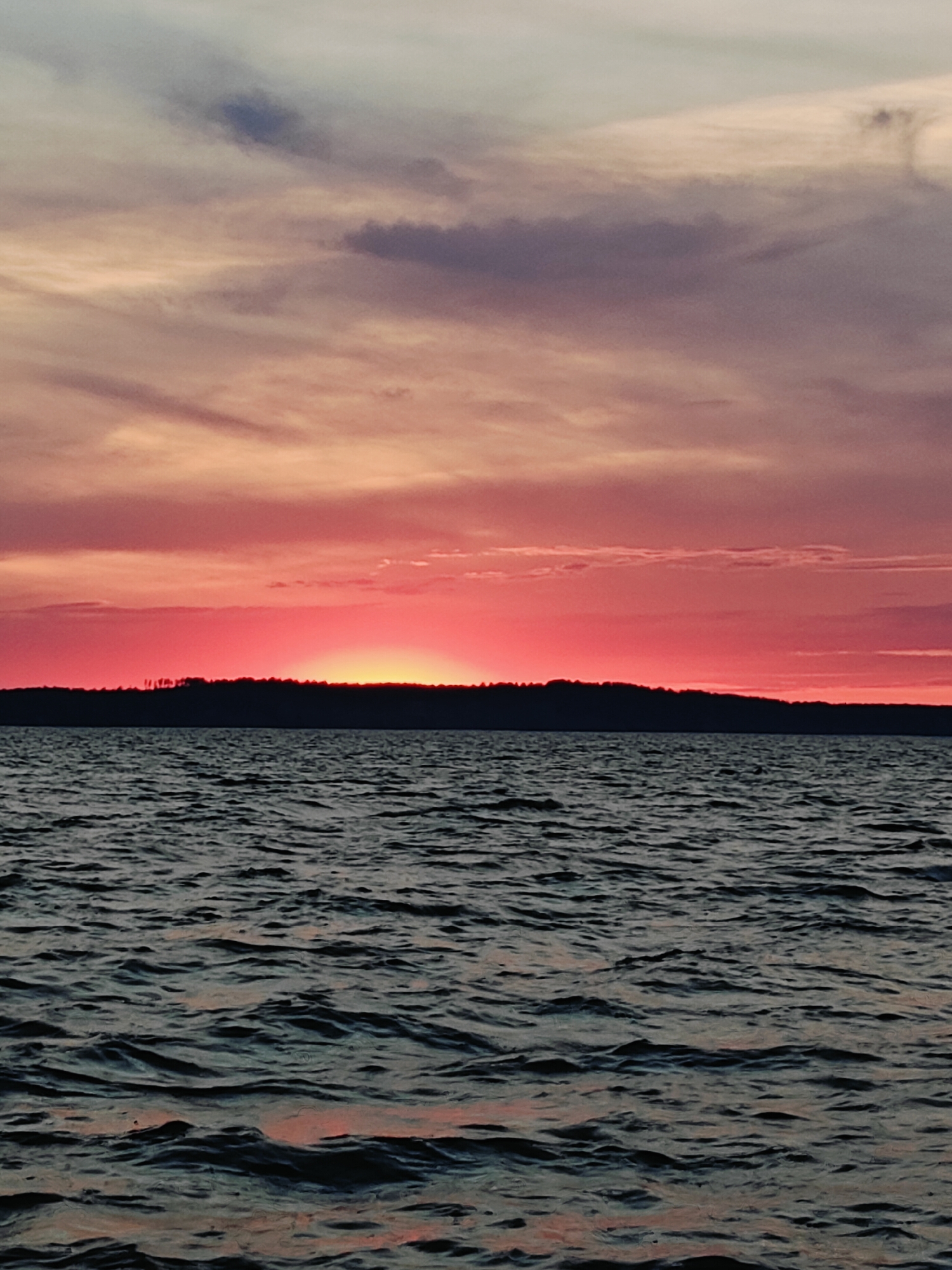 The image shows a wide, dark body of water in the foreground, with ripples suggesting a slight breeze. In the middle ground, a dark, silhouetted tree line runs horizontally across the frame. Above the tree line, the sky is dominated by a vivid sunset. The sun itself is a bright, concentrated orange glow just above the horizon, casting intense pink and red hues across the lower portion of the sky. Higher up, the clouds transition through shades of pink, purple, and pale gray, with a band of lighter, wispy clouds at the very top. The scene appears to be a natural landscape, likely a lake or sea at sunset, with no visible man-made structures or individuals. The location is identified as Stepanovo, Russia.