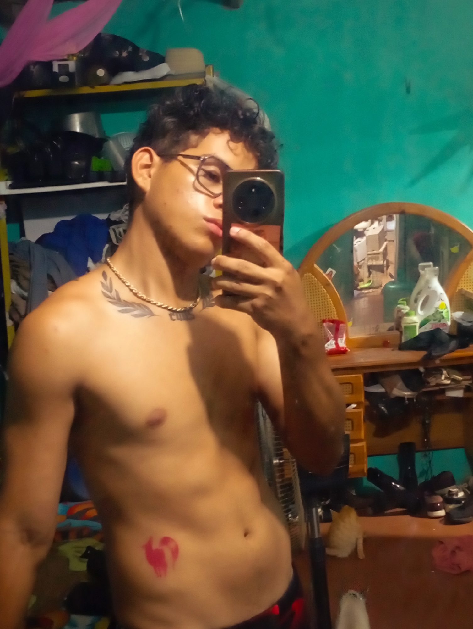 A shirtless young man with glasses takes a selfie in a room with a green wall. The location is possibly Altagracia, Venezuela based on the prompt. He has a leaf tattoo on his collarbone and a red, heart-shaped design on his lower abdomen. A gold chain is around his neck. In the background are shelves with items, a vanity with a mirror, and two kittens on the floor. A fan stands behind the man. The room is somewhat cluttered.