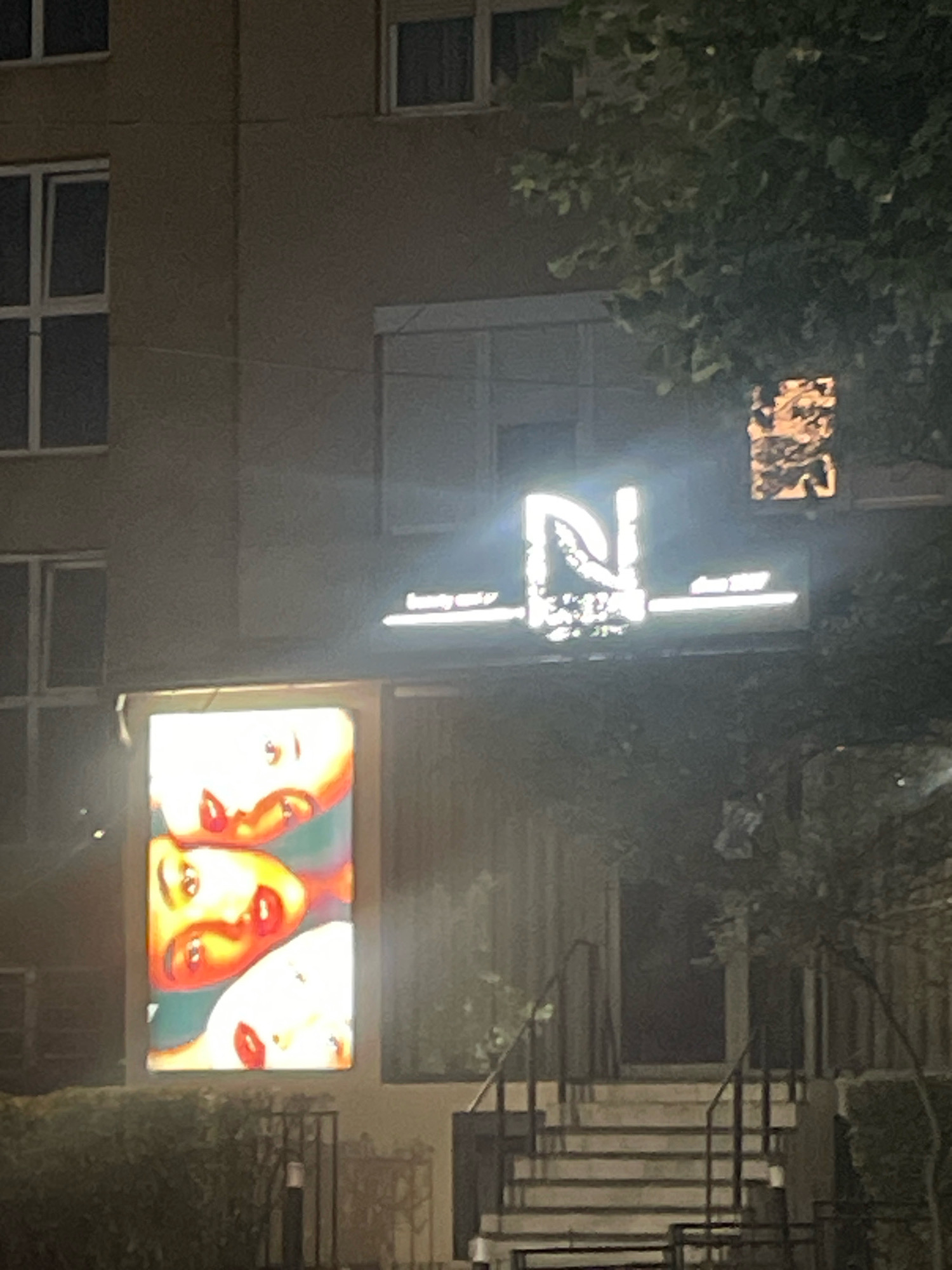 The image captures an exterior view of a building at night, featuring prominent signage and an illuminated display. On the left, a vertical lightbox displays a close-up of three stylized female faces with bright red lips and a vibrant color palette. Above this display, a horizontal illuminated sign is visible, featuring the letter "N" in a stylized font followed by smaller text that reads "beauty salon" and "since 2007". The building itself appears to be multi-story with windows visible. A tree with dense foliage is situated to the right of the building, partially obscuring a smaller illuminated sign with a mottled, dark pattern. The scene is set on a street, with a dark hedge in the foreground and a set of stairs leading up to an entrance on the right side of the frame. The overall impression is that of a commercial establishment operating in the evening. The specific location in Prizren, Kosovo, is not visually identifiable from the provided image.