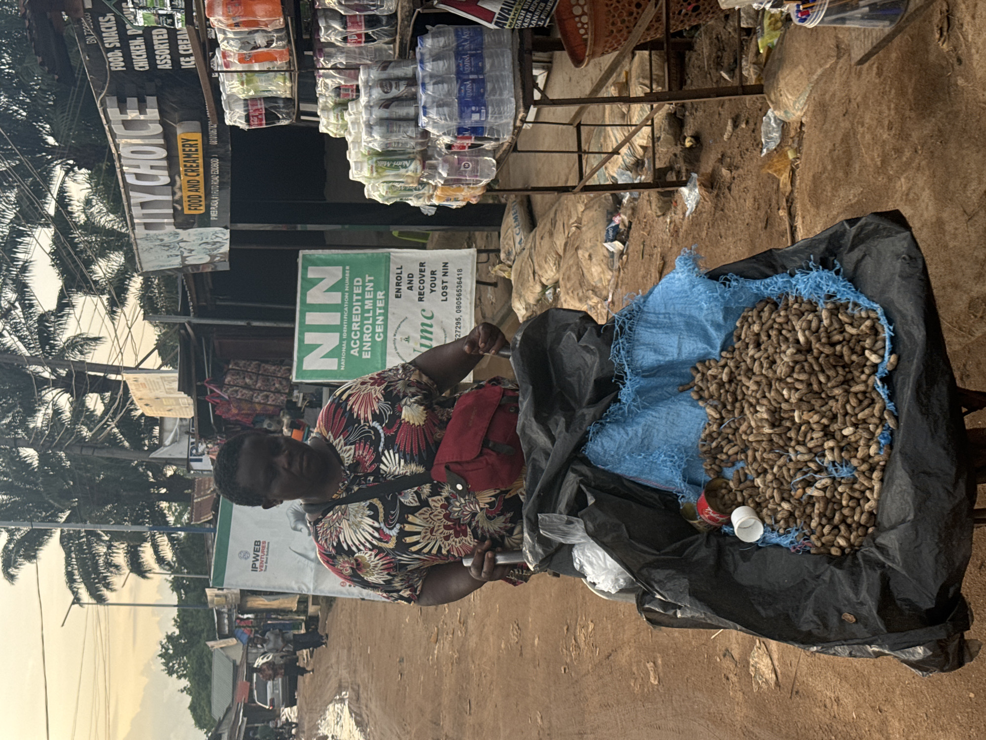 The image portrays a vibrant roadside scene in Ihiagwa, Nigeria, likely during the late afternoon or early evening. The main subject is a woman, possibly a vendor, seated on the left side of the frame, looking towards the viewer. She is dressed in a colorful, short-sleeved shirt with an intricate pattern of red, black, and white, and carries a red shoulder bag.
Adjacent to her, a substantial amount of peanuts in their shells is displayed for sale. These are held within a blue mesh bag, which rests inside a larger black sack placed on the dirt ground. A small white plastic cup and a red metal can are visible near the peanuts. The ground beneath is uneven and appears damp or muddy in sections.
The background is rich with commercial activity and signage. Directly behind the woman, a prominent green sign advertises a "NATIONAL IDENTIFICATION NUMBER ACCREDITED ENROLLMENT CENTER," encouraging people to "ENROLL AND RECOVER YOUR LOST NIN," with contact numbers 527295 and 08056536418. Further to the left, a large black sign identifies "CITY CHOICE FOOD AND CREAMERY," offering "FOOD, SNACKS, CHICKEN, DRINKS, ASSORTED ICE CREAM," and providing an address "P WEB PLAZA #1 FUTO ROAD EZIOBOD" and phone number 0810106782. Another sign for "IPWEB VENTURES" is also visible.
Behind the vendor's display, a metal stand is stacked with numerous bottles of water, including "DAFINA" and "Nutri-Milk" brands, along with other packaged items. Piles of large sacks, possibly containing cement, are stacked further back. Palm trees are visible on the left, contributing to the local atmosphere. The overall scene depicts a common street vendor setup in a busy commercial area, characterized by its practical, bustling environment.