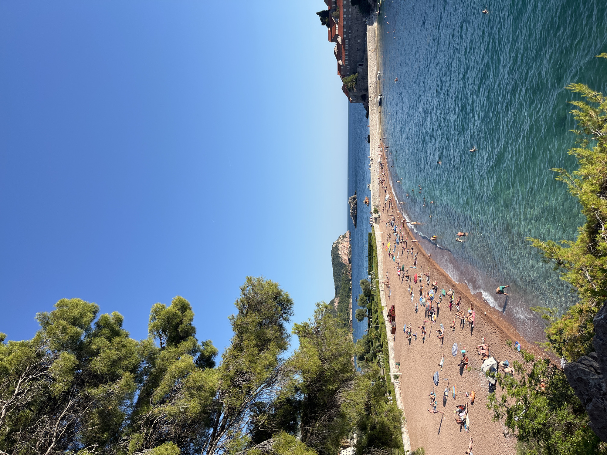 This image presents a panoramic view of a coastal scene in Boreti, Montenegro, on a clear, sunny day. The upper two-thirds of the frame is dominated by an unbroken, bright blue sky, with a faint white airplane contrail visible in the upper right.
The foreground and upper left are framed by dense, green pine foliage, consisting of needles and branches, partially obscuring the view. Below this vegetation, dark rock formations are visible in the bottom left corner.
The central midground features a wide, crescent-shaped beach composed of reddish-brown sand and small pebbles. The beach is densely populated with numerous individuals, most of whom are lying on beach towels or blankets, sunbathing. A variety of colorful beach umbrellas (striped, solid blue, red, yellow) are scattered across the sand, providing shade. One small white tent is pitched on the left side of the beach. Behind the beach, a light-colored retaining wall separates the sand from a manicured green area containing bushes and small trees.
Adjacent to the beach, the sea transitions from a clear, shallow turquoise near the shore, where the seabed is visible, to a deeper blue further out in the bay. Numerous people are present in the water, swimming, wading, or floating. Several small boats are observable: one larger orange boat is near a rocky outcrop in the distant left, and at least three smaller dark-colored boats are moored closer to the shore, one near the causeway connecting Sveti Stefan.
In the background, to the far right, the prominent islet of Sveti Stefan is visible. It is densely covered with traditional stone buildings featuring distinctive red-tiled roofs, rising directly from the water. A narrow, light-colored stone causeway connects the islet to the mainland. To the left of Sveti Stefan, in the far distance, a large, dark green, forested headland or island protrudes into the sea.