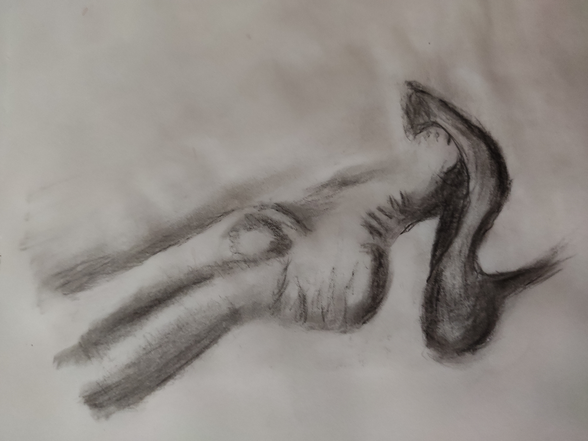 The image is a charcoal sketch of a human foot, viewed from the side and slightly from above. The foot appears to be in motion, with the heel lifted and the toes pointed downwards. The sketch utilizes shading to create a sense of form and depth, with highlights on the arch and the top of the foot. The background is a light, textured paper, suggesting an artist's sketchbook or drawing pad. The composition is dynamic, emphasizing the curves and musculature of the foot. There is no indication of location or environmental context within the image itself.
