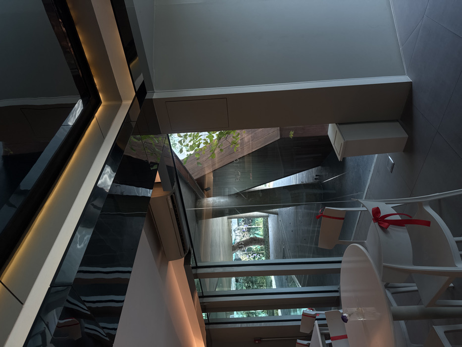 An architectural interior showcases a modern design. A black, white, and gray structure with reflective surfaces defines the left side. A glass corridor reveals a concrete structure and natural greenery. White chairs, each decorated with a red bow, are arranged near a table, suggesting a dining or gathering space. The composition is sharp and angular.