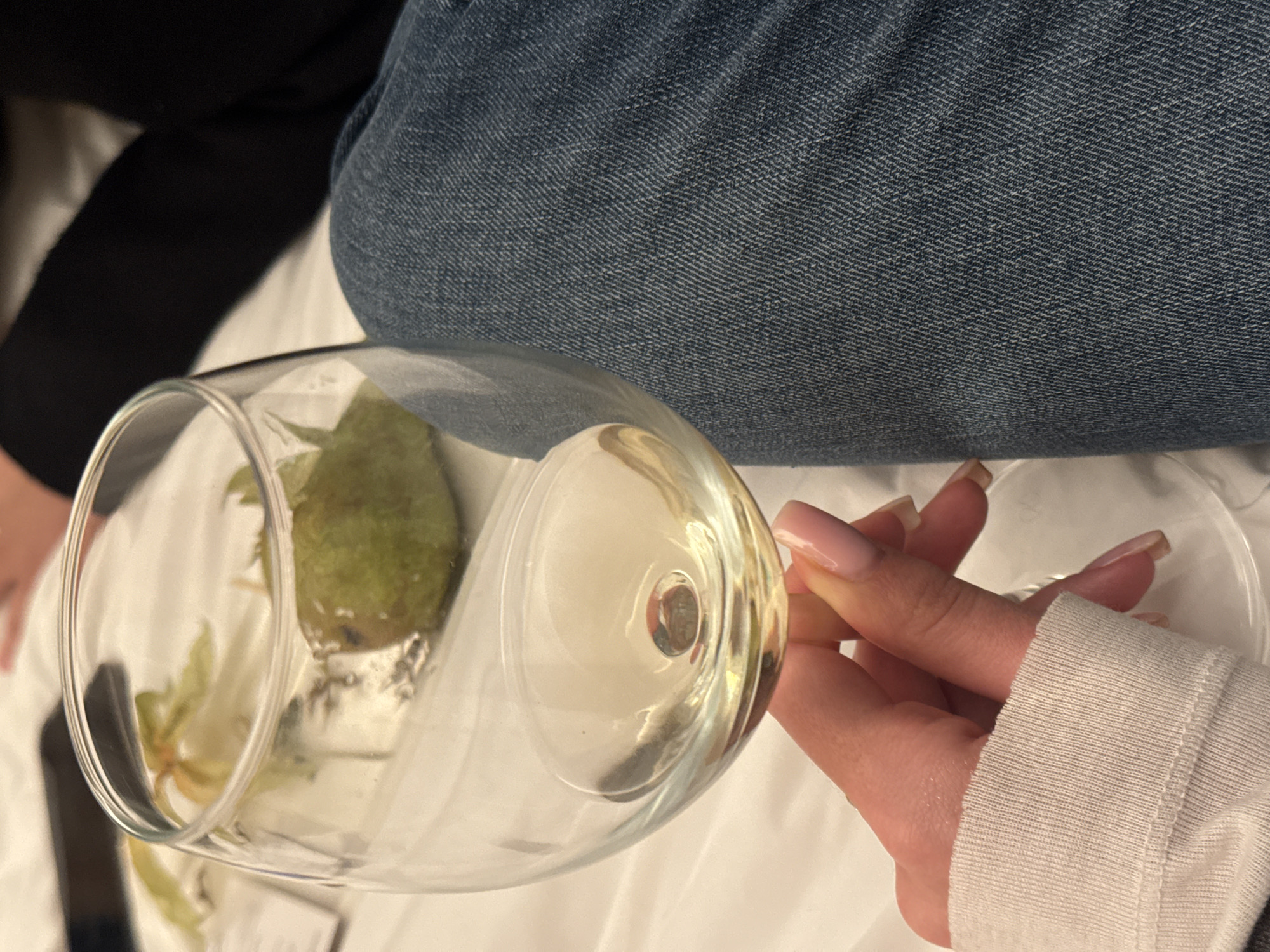 A first-person perspective shot shows a hand with manicured fingernails holding a wine glass filled with white wine. The hand is wearing a white long-sleeved shirt. The wine glass is partially filled, and a pear is visible inside it. In the background, someone is wearing blue jeans. The setting appears to be indoors, possibly a bed, given the white fabric.