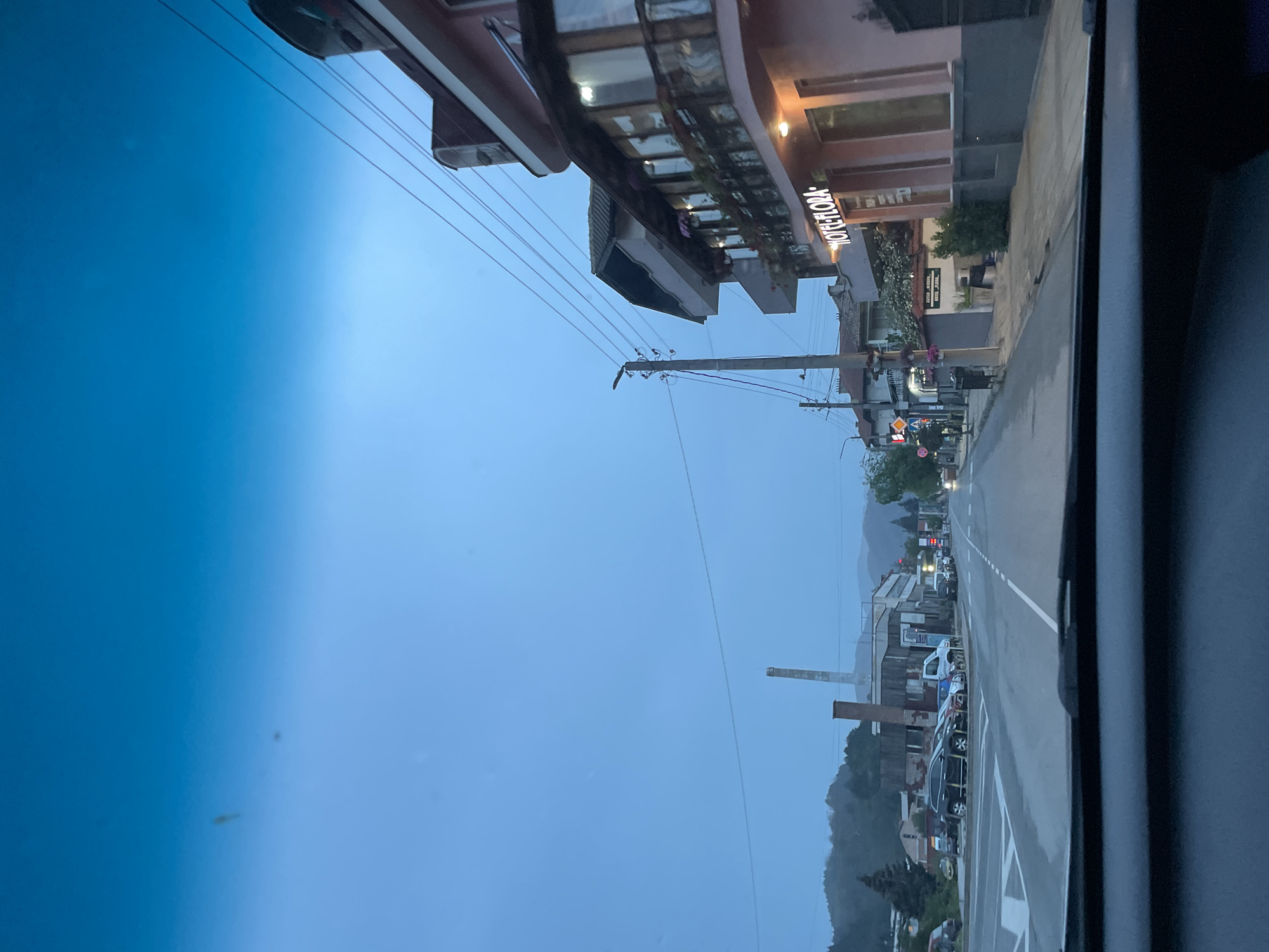 Captured from a vehicle, the image displays a street in Zlatograd, Bulgaria. "HOTEL FLORA" is visible on a nearby building. Power lines stretch across the sky. The road extends into the distance with cars parked along the side, and trees dot the landscape. The sky is overcast, suggesting either early morning or late evening light. A mountain range is faintly visible in the background.