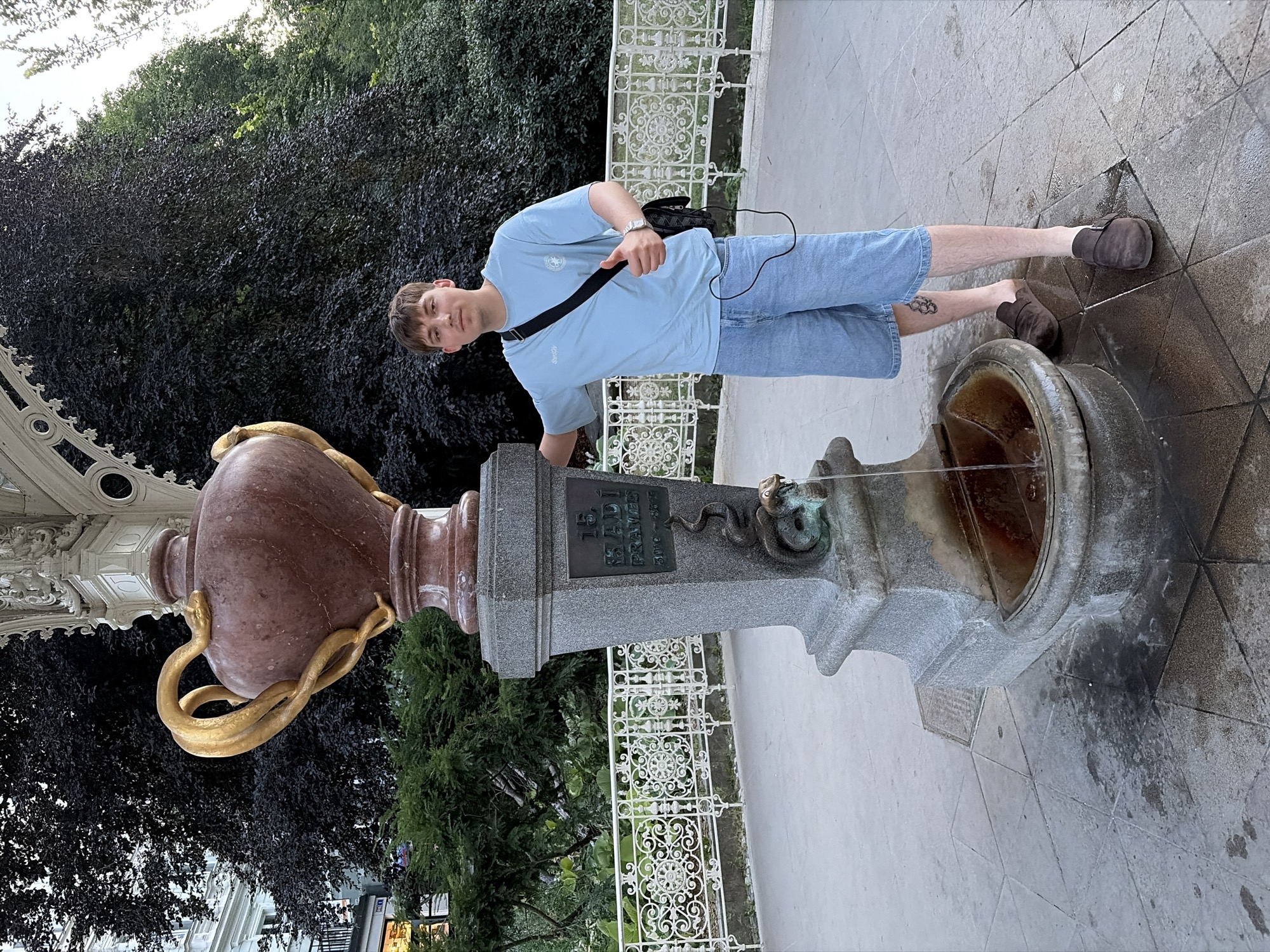A young Caucasian male with short brown hair and a light blue t-shirt, blue denim shorts, and brown clogs stands to the right of a decorative fountain in Karlovy Vary, Czechia. He is looking at the camera and giving a thumbs-up. The fountain is made of stone and features a large ornate urn with a golden snake wrapped around it, a plaque with text, and a spigot shaped like a snake's head from which water flows into a basin. The fountain is located in a paved area with decorative white railings in the background. Dense dark green trees form the backdrop.