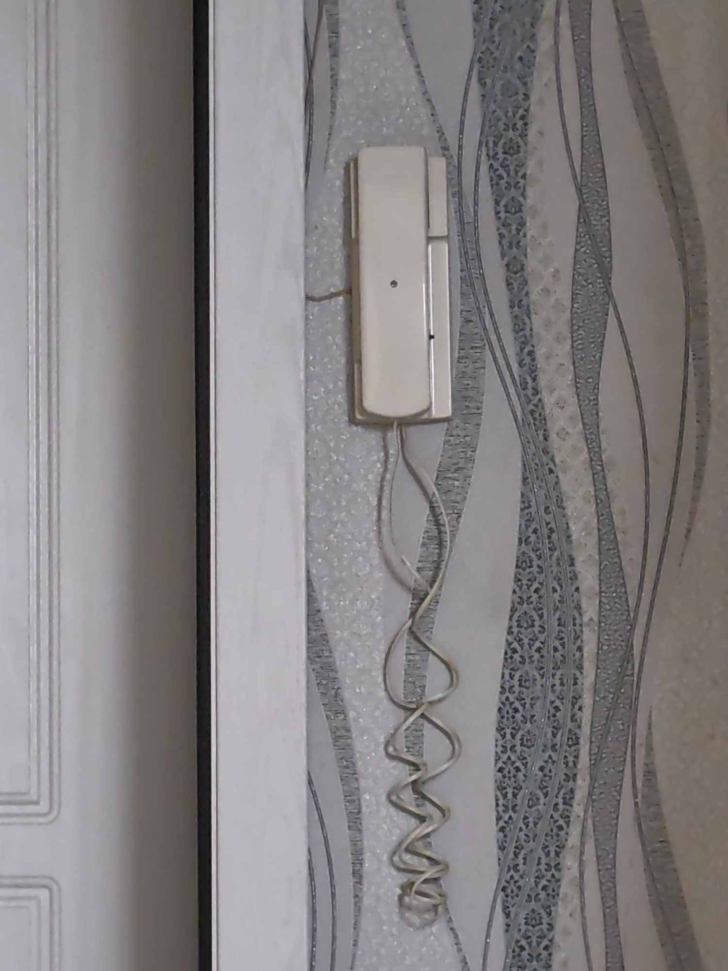 An intercom unit, beige in color, is mounted on a wall. A coiled wire extends from the bottom of the unit and hangs loosely. The wall is decorated with a textured wallpaper featuring an abstract pattern of wavy lines in shades of grey and white, with some sections containing a subtle floral motif. To the left of the intercom, a portion of a white door or frame is visible, showing a panel design. The scene appears to be an interior, possibly a hallway or entrance area, within a residential building in the city of Myadzyel, Belarus. There are no people or discernible actions in the image.
