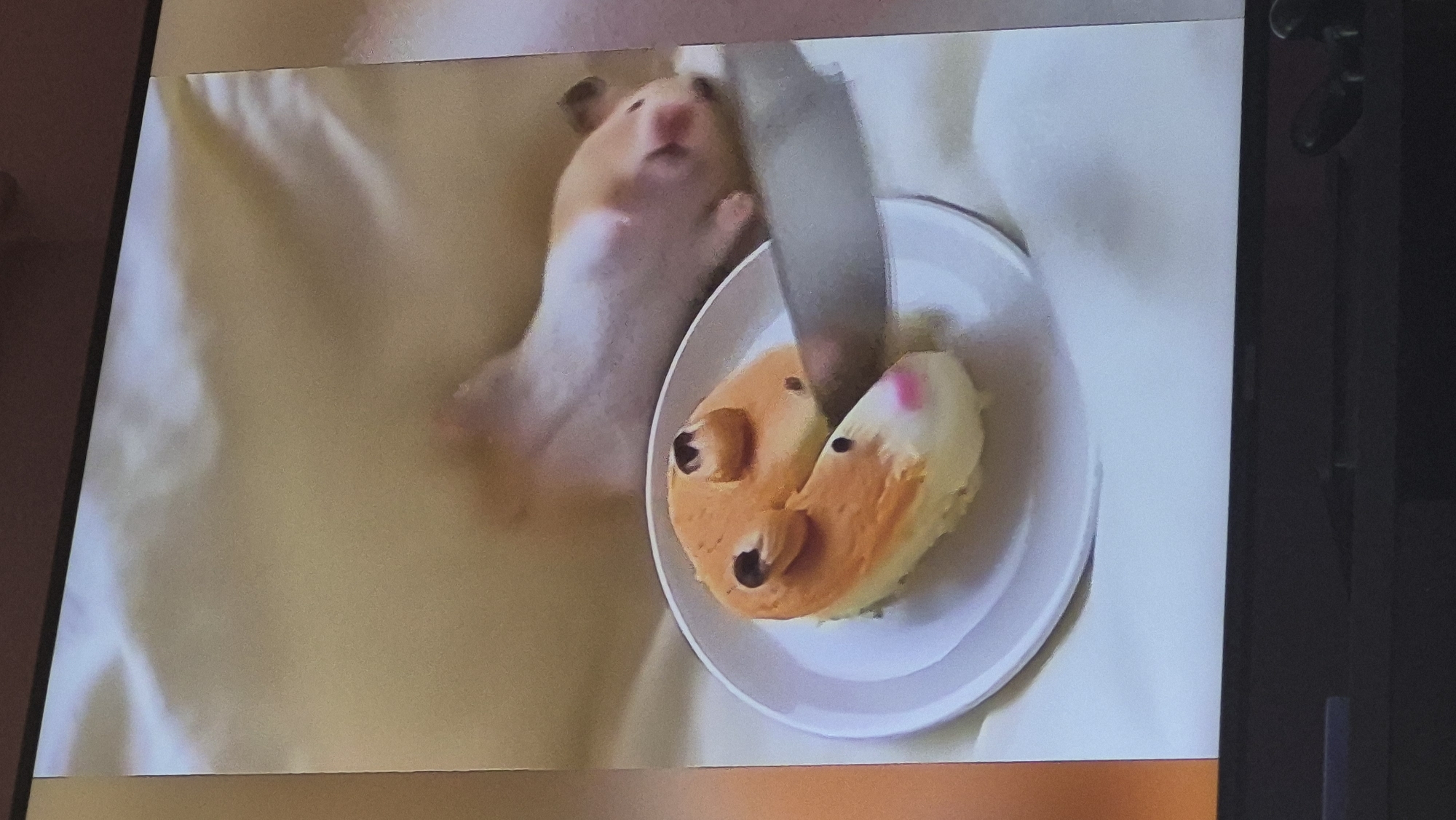 The image shows a close-up view of two pastries decorated to resemble hamster faces, placed on a white plate. A knife is positioned as if about to cut into one of the pastries. In the background, a hamster is visible, lying on its back on a light-colored, textured surface, possibly a blanket or bed. The lighting suggests an indoor setting. There is no information about the location in Švenčionys, Lithuania, as this is not provided in the image content.