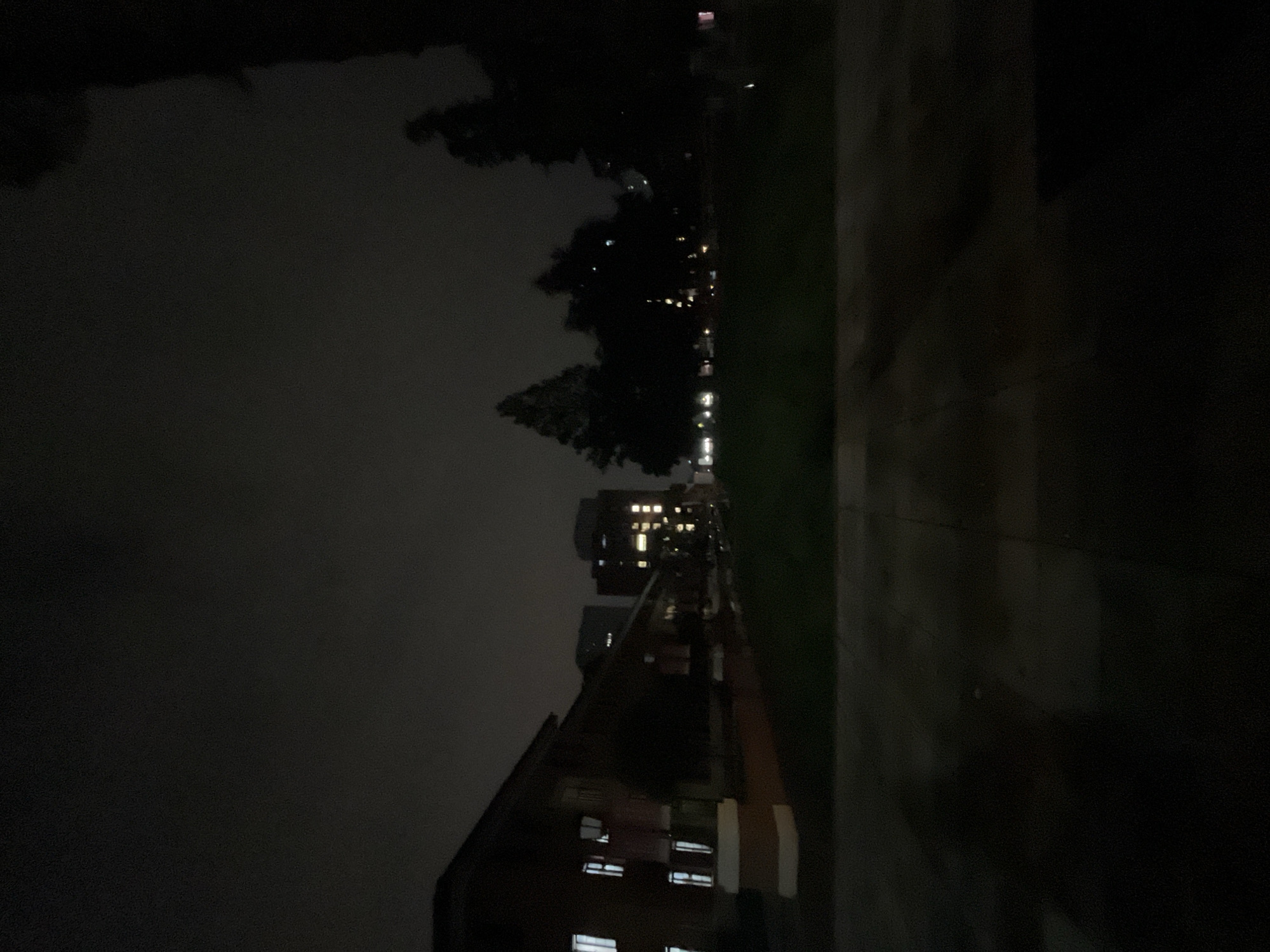 The image captures an outdoor, nocturnal urban environment, located within the Yuzhong District, China, as specified. The sky is dark and overcast. On the left side of the frame, a multi-story building constructed of a dark material features multiple windows, with several emitting white or yellow light. A distinct lighter-colored base or trim runs along the lower part of this structure. In the midground, a stretch of dark green grass is visible, bordered by a dense stand of dark, silhouetted trees. Beyond these trees, in the distant background and to the right, are several taller buildings with numerous illuminated windows. The immediate foreground consists of a dark, flat, paved surface. No individuals or specific activities are observable in the scene.