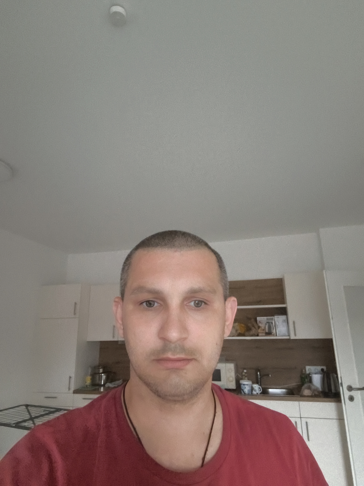 The image shows a young man with short, buzzed hair and light skin. He is wearing a red t-shirt and a dark cord necklace. He is looking directly at the camera. The background appears to be a kitchen with white cabinets, a wooden countertop, a sink, and various kitchen appliances. There is also a drying rack visible in the lower left of the image. The overall lighting suggests the photo was taken indoors during the daytime. The location of Wolgast, Germany is not discernible from the image content.