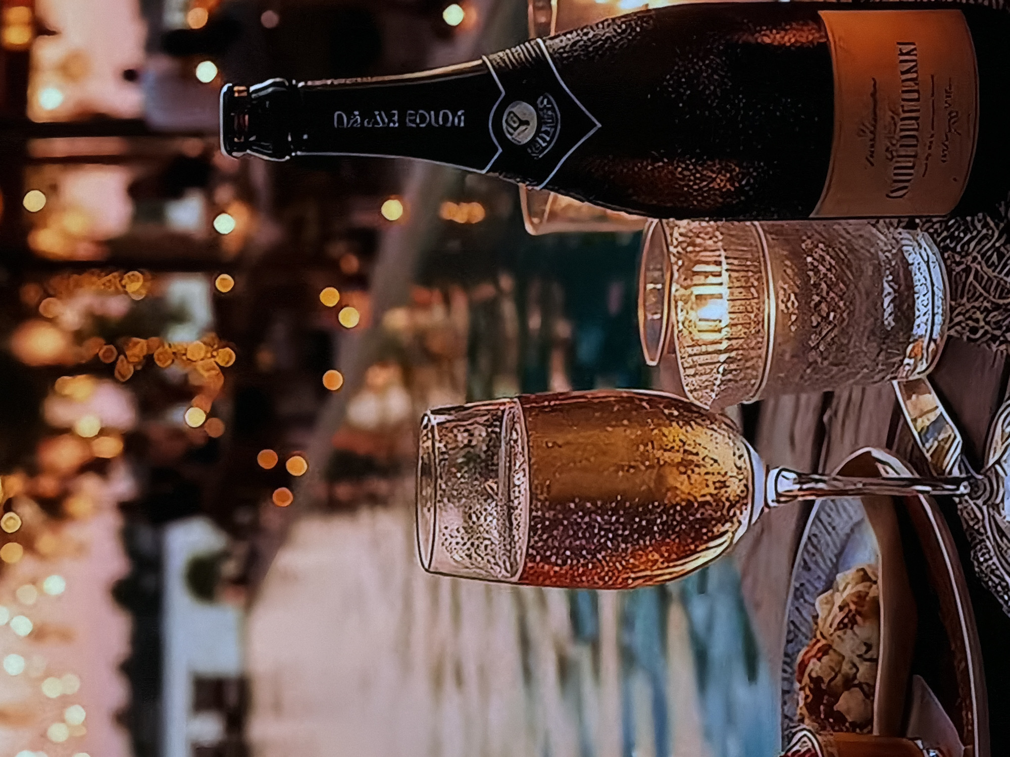 The image depicts an intimate and festive evening scene, likely set outdoors or on a patio. The main subjects are a dark bottle of sparkling wine or champagne, a champagne flute filled with a golden, bubbly liquid, and a glass candle holder with a lit candle, providing a warm glow. A plate with a dessert, possibly a fruit crumble or pastry, is partially visible on the right.
The background is softly blurred with numerous warm, circular bokeh lights, suggesting string lights or distant illuminated elements, contributing to a magical ambiance. A reflective surface, likely water from a pool or pond, can be glimpsed in the mid-ground, reflecting some of the lights.
The time of day is night, highlighted by the overall darkness and the prominent artificial illumination. No people are visible, focusing attention on the prepared setting. The scene conveys a sense of celebration, romance, or a special occasion.
Notable details include the bottle's textured dark glass, a white neck label featuring a crest or logo, and text that appears to be "DAJAE FOUN" or similar stylized script. The main label is tan/orange with undecipherable text, possibly "MUUDAUUNI." The champagne flute is about half full, showcasing the effervescence of the drink. The candle in the textured glass holder adds to the cozy lighting. This inviting setting is located in Sofiivska Borshchahivka, Ukraine.