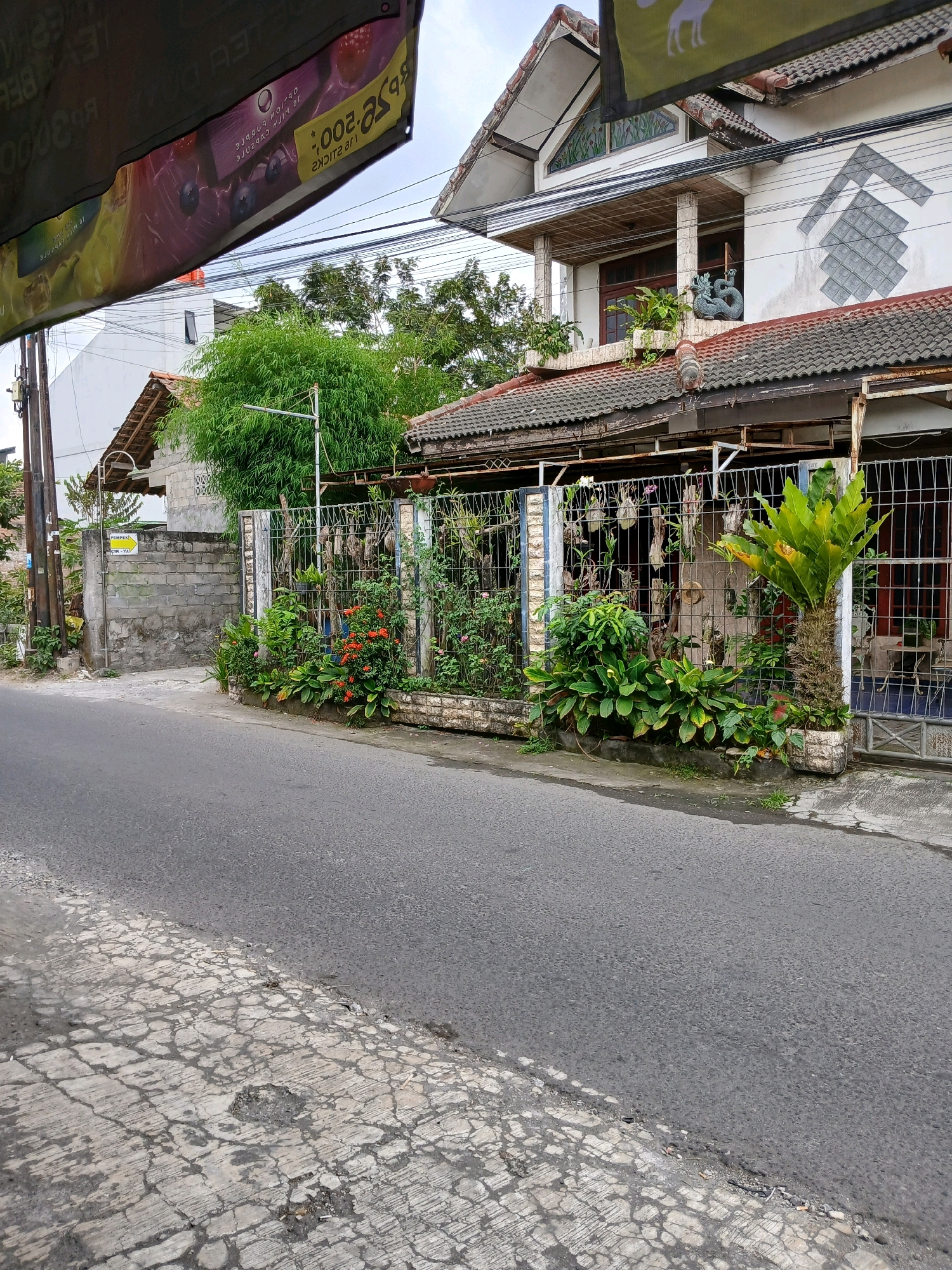 The image captures a street scene in Depok, Indonesia, featuring a residential area with a prominent multi-story house and lush greenery. The foreground is dominated by an asphalt road with a cracked concrete sidewalk on the left. The house, painted white, has a distinctive roofline and balconies adorned with potted plants. A decorative dragon statue is visible on a second-floor balcony. In front of the house, a metal fence encloses a garden filled with various plants, including orange flowers and a large bird's nest fern. A billboard with a blurry advertisement is visible in the upper left corner of the image. The environment appears to be a typical urban residential street in Indonesia, with electrical wires crisscrossing overhead and a brick wall bordering the property. The sky is overcast, suggesting a possibly cloudy day.