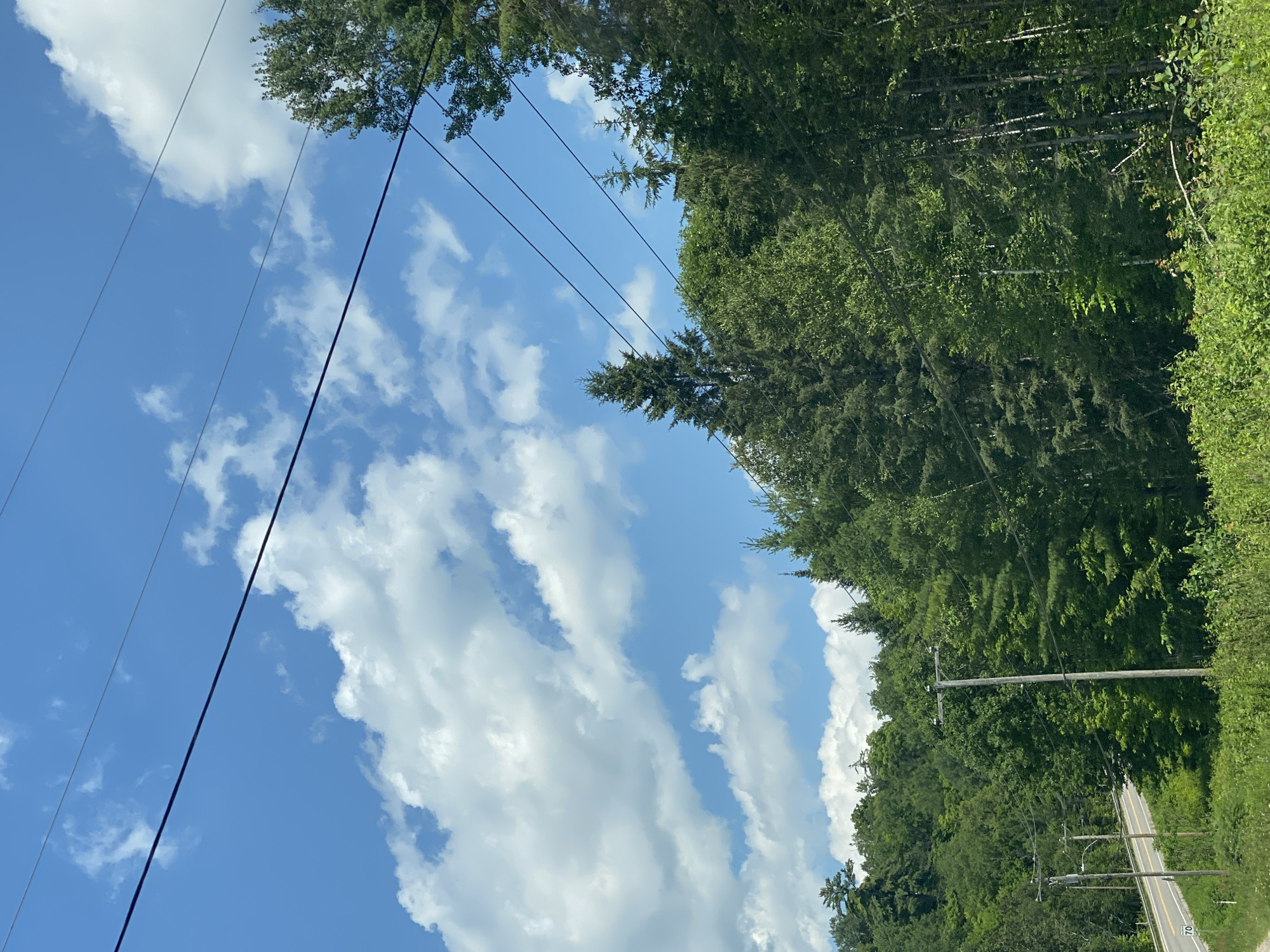The image depicts a daytime scene in Lac-Simon, Canada, characterized by a bright blue sky filled with fluffy white clouds. Several power lines stretch diagonally across the frame, intersecting with a dense forest of green trees that covers a hillside. In the foreground, lush green foliage and some smaller bushes are visible. To the left of the frame, a paved road curves into the distance, with a speed limit sign indicating "70". Two wooden utility poles stand along the side of the road, supporting the power lines. The overall environment suggests a rural or semi-rural setting with natural beauty and infrastructure. There are no people or animals visible in the image.