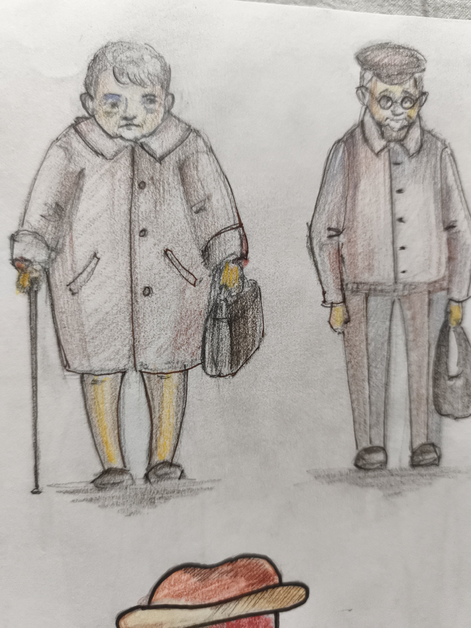 A watercolor sketch depicts two elderly figures and a hat on a light-colored background. On the left, an individual with grey hair wears a long, light-colored coat with a large collar, yellow-tinged trousers, and dark shoes. This figure holds a cane in their right hand and a dark briefcase in their left. The figure's face is somewhat puffy with blue undertones around the eyes and a neutral expression. On the right, a second elderly figure sports a flat cap, round glasses, and a grey beard. They are dressed in a similar long, light-colored coat and grey trousers, with dark shoes. This figure also carries a dark bag in their right hand. Their expression appears gentle. In the foreground, partially cropped, lies a straw hat with a red band. The scene does not contain any discernible elements that would indicate a specific location within the city of Saint-Denis, France.