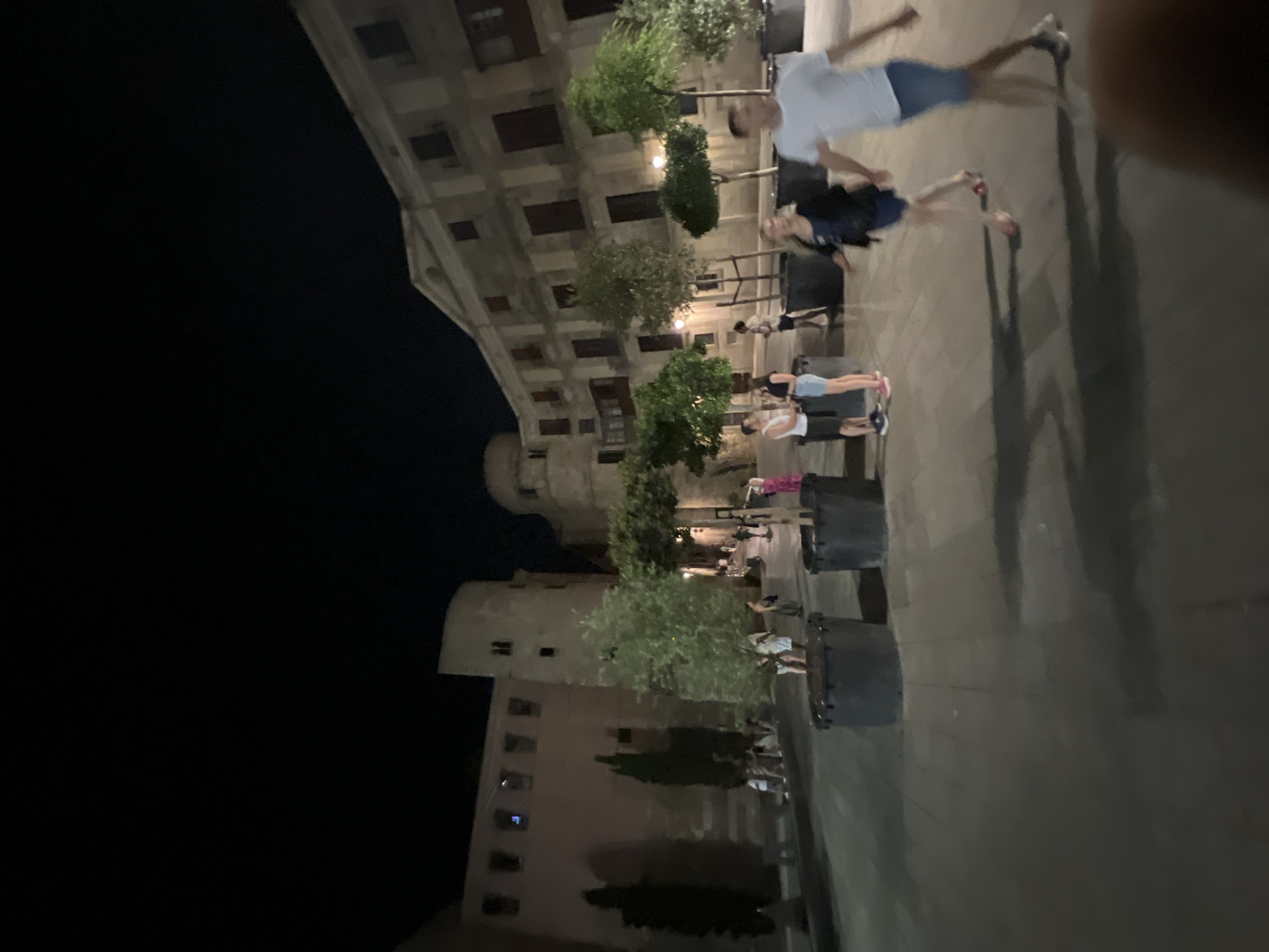 A nighttime, wide-angle view of a public square in Barcelona, Spain. The square features several large, dark planters with trees, and is flanked by multi-story stone buildings. In the foreground, a man and a woman are walking away from the camera, with their shadows cast on the cobblestone ground. Other people are visible in the background, some standing and some walking. The sky is dark, indicating it is nighttime, and the buildings are illuminated by artificial lights. The overall impression is a lively urban scene at night.