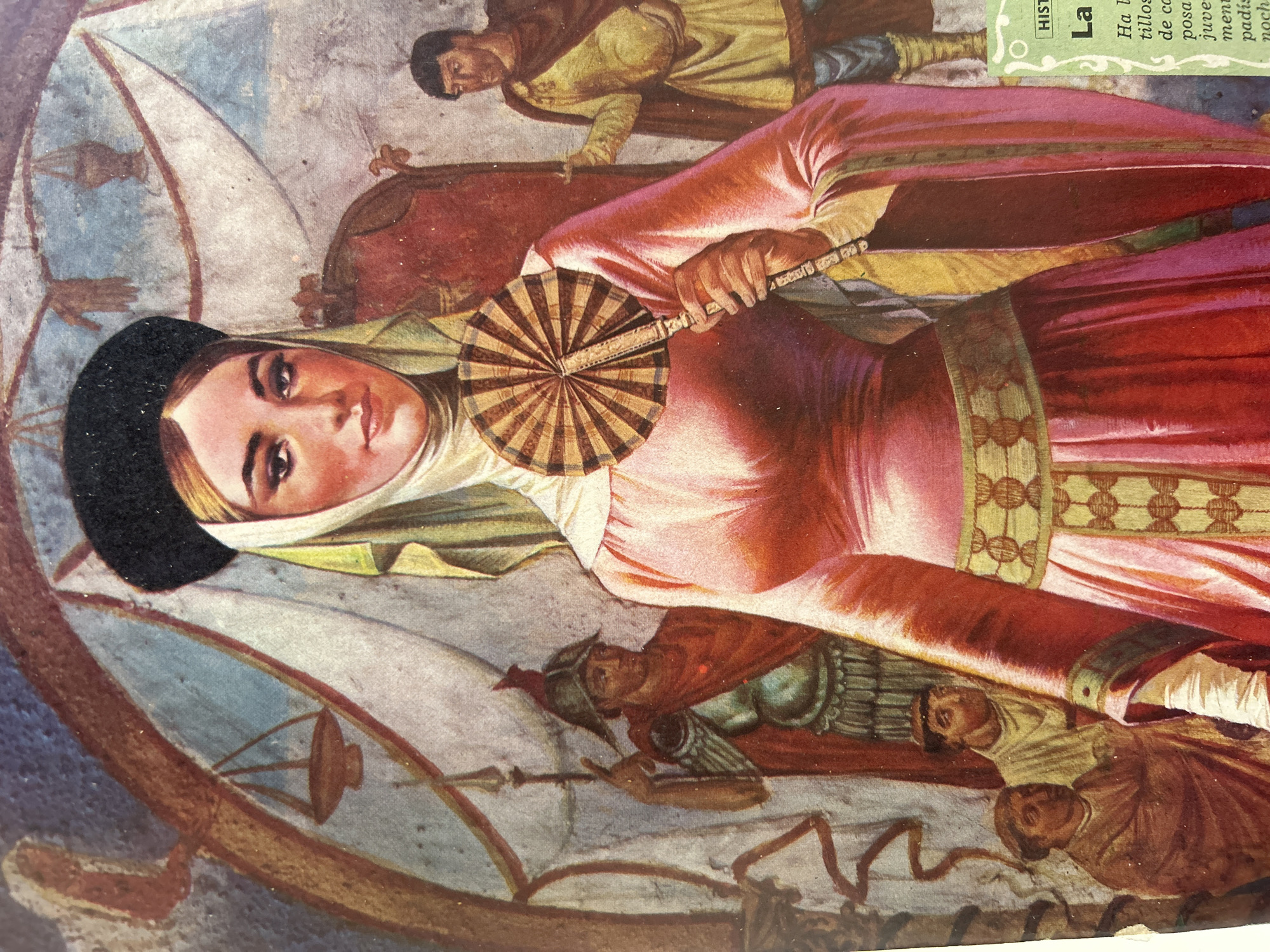The image is a close-up of a painting that depicts a woman in the foreground wearing a pink dress and a black head covering. She holds a fan in her right hand. Behind her, other figures appear to be present, including a soldier in armor. The background shows architectural elements and what appears to be a scale. The painting is detailed and appears to be an artistic representation of a historical scene.
The question asks to include the location in the city of Santa Ana, Venezuela. However, there is no visual information in the image that provides any context about its location in Santa Ana, Venezuela. The image is solely a depiction of a painting.