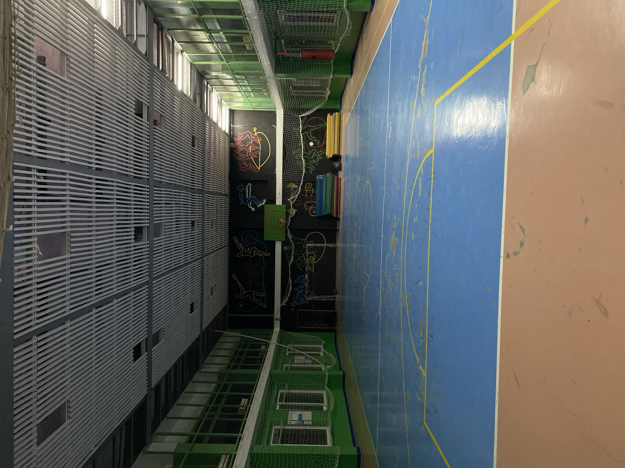 The image shows an indoor sports hall. The floor is divided into a blue playing area and a brown area. Yellow lines mark boundaries and playing areas. A wall is decorated with stylized drawings of people engaged in sports. Above this is a green netting system along the ceiling. The opposite wall has a grey slatted design with visible windows. The sports hall appears to be well-lit. While the image suggests it is a sports hall, no specific information verifies its location in Sochi, Russia, or any details about people, specific actions, or interactions.