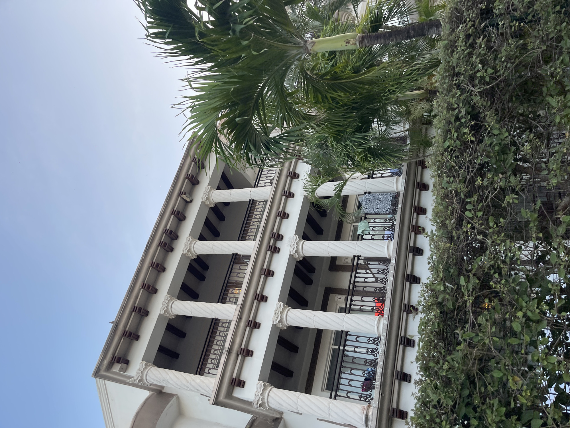 A low-angle shot reveals a multi-story building in Playa del Carmen, Mexico, adorned with classical architectural elements. The building's facade features white columns, dark wood trim, and iron-wrought balconies. Lush green vines cascade down one side of the building, obscuring some of the architectural details. A palm tree partially frames the building, its fronds extending into the clear sky. Laundry hangs on one of the balconies. The sky above is pale blue, hinting at a bright day. No people are visible in the image.