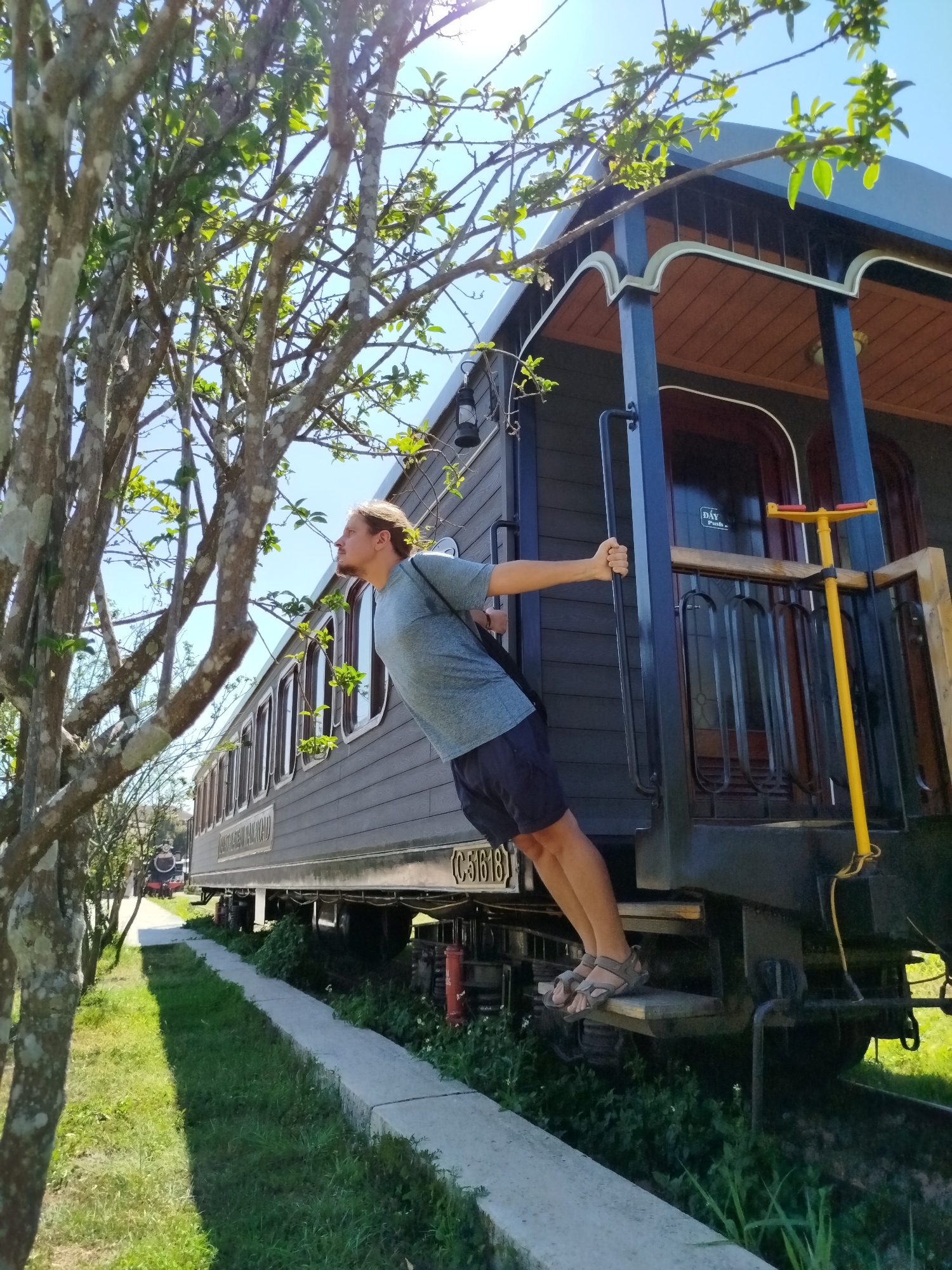 An outdoor scene at Da Lat Railway Station, Da Lat, Vietnam, depicts a male individual interacting with a stationary vintage-style train car under bright sunlight. The man, with light brown hair tied back, wearing a light grey t-shirt, dark blue shorts, and grey sandals, is positioned on the bottom step of the train's rear platform. He leans horizontally outwards from the train, holding a black vertical grab bar with his right hand, his feet on the step, and his head turned upwards and to his right.
The train car is dark grey with white window frames and trim, featuring "DA LAT RAILROAD" in white lettering along its side and the number "C 51618". The open rear platform has a dark blue frame, a wooden ceiling, and a yellow T-shaped implement resting against the railing. A small black lantern hangs near the rear. The train is on tracks adjacent to a narrow, light-colored paved walkway, bordered by green grass and weeds. To the left, several trees with light-colored bark and green leaves partially frame the scene. In the background, further down the tracks, a dark-colored locomotive is partially visible.