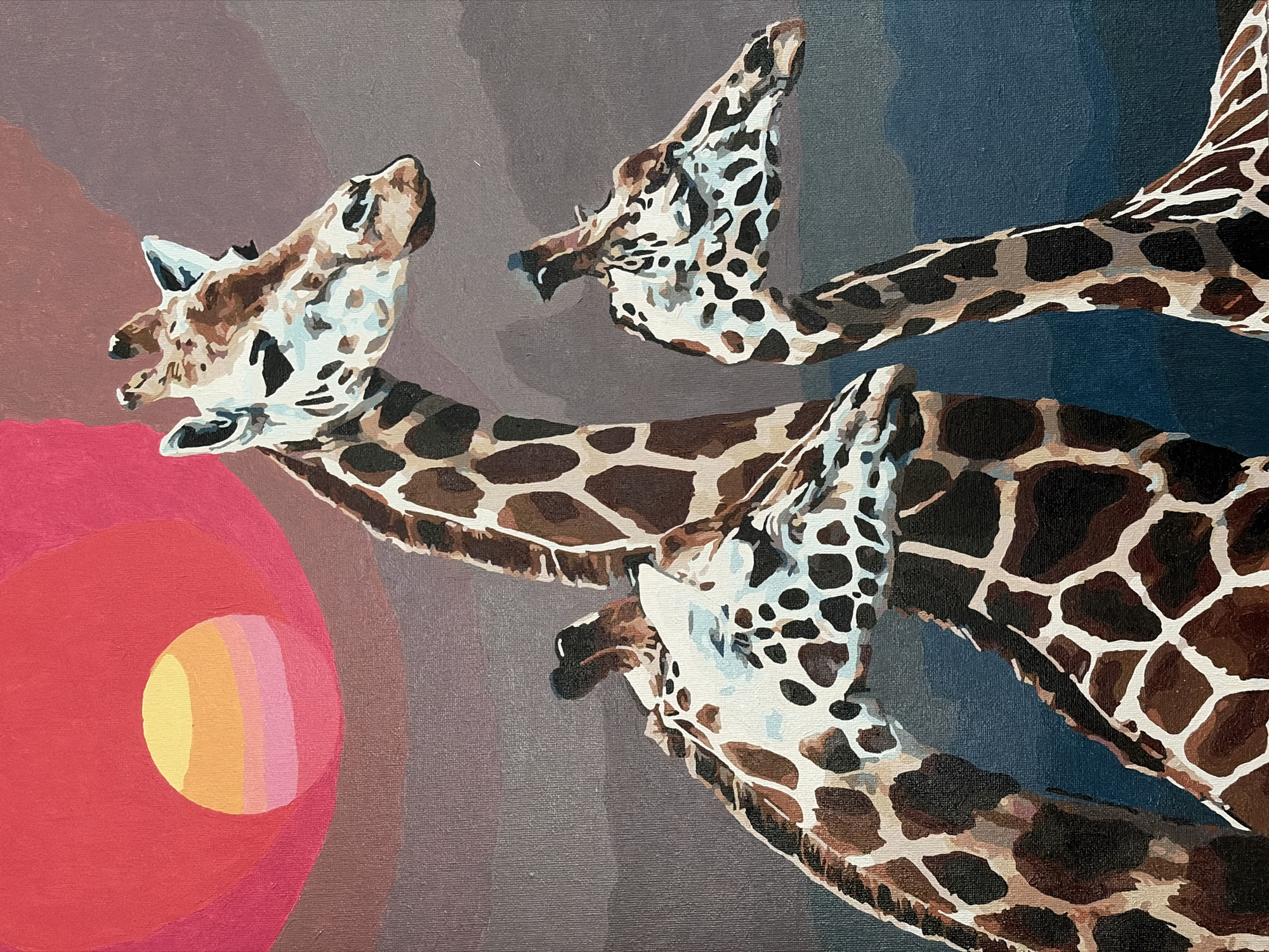 The image is a painting of three giraffes, each with its head and neck raised, seemingly looking upwards. The giraffe on the left is nearest to a circular shape composed of varying shades of red, pink, orange, and yellow, possibly representing a sun or a stylized element. The giraffes have the characteristic brown and white spotted patterns. The background consists of blended tones of brown, grey, and blue, which suggests a cloudy or atmospheric setting. The painting appears to be a stylized artistic representation. The image has no details about a city.