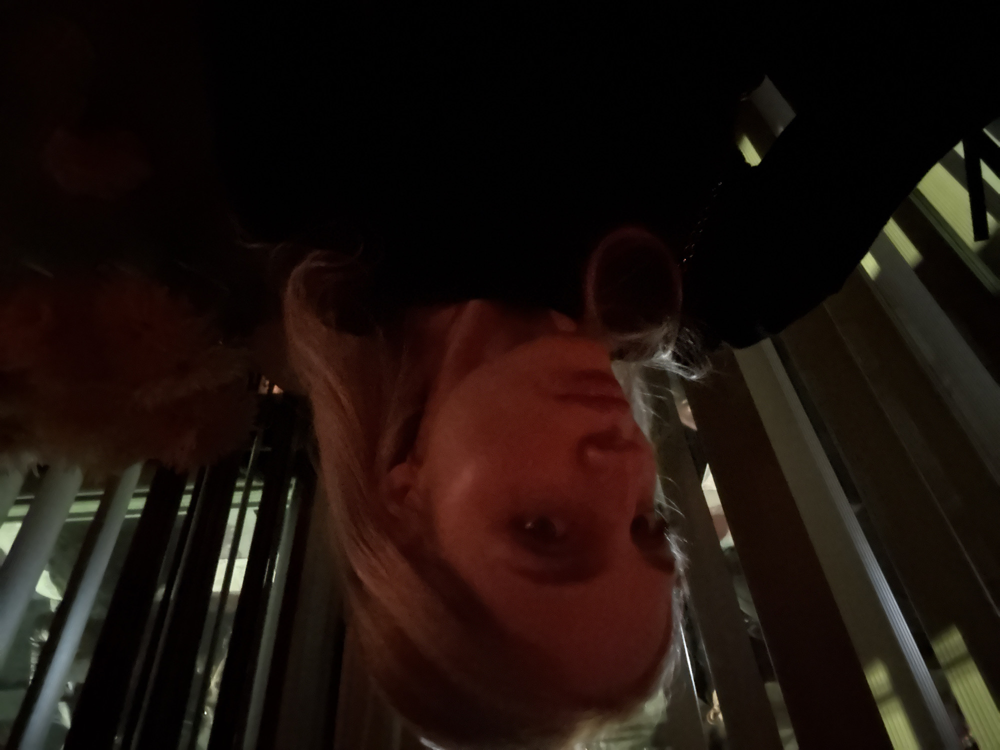 The image shows a woman's face, with her head tilted downwards. She has fair skin and light-colored hair. The background consists of vertical stripes of alternating light and dark shades, possibly a metal railing or a building facade. The overall lighting is dim, giving the scene a slightly dark and shadowy feel. No specific location information, including Mexico City, is discernible from the image.
