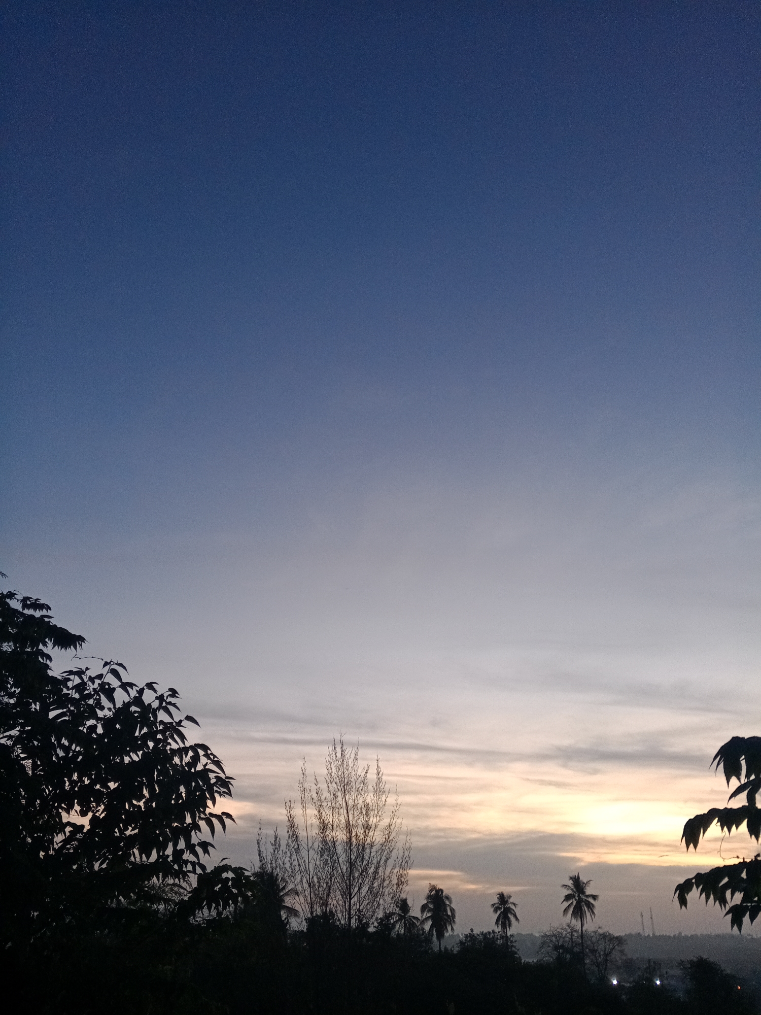The image depicts a sunset or sunrise in Lhokseumawe, Indonesia. The sky transitions from deep blue at the top to lighter shades near the horizon. A layer of clouds is visible near the horizon, tinged with yellow and orange hues from the sun. The foreground features silhouettes of trees and foliage, including palm trees. Distant lights suggest a built-up area.